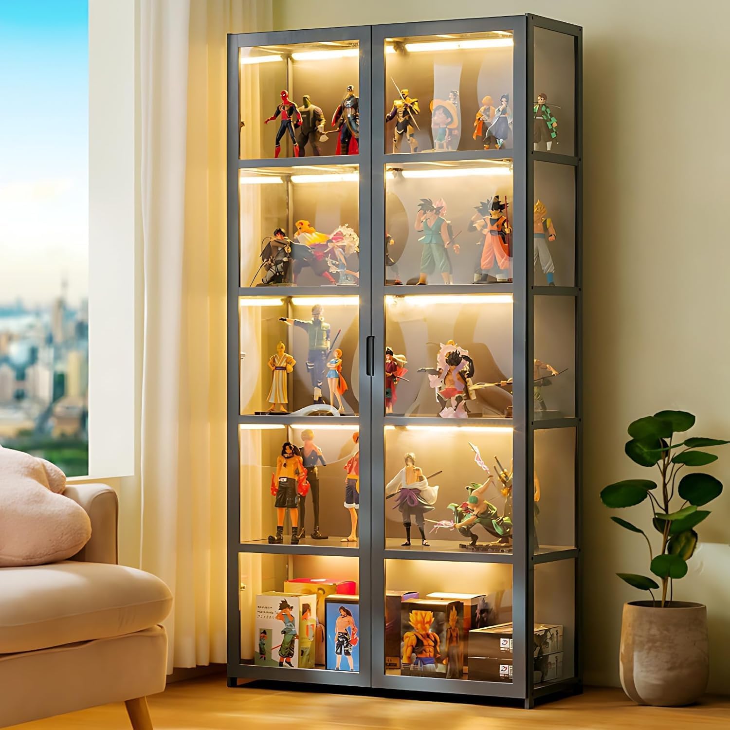 5 Tier Acrylic Glass Door Curio Display Cabinet - Collectibles & Toy Organizer Shelf for Kids Bedroom, Reading Nook, Nursery - Bamboo Bookcase & Display Rack for Home Decor, Living Room, Playroom Organization