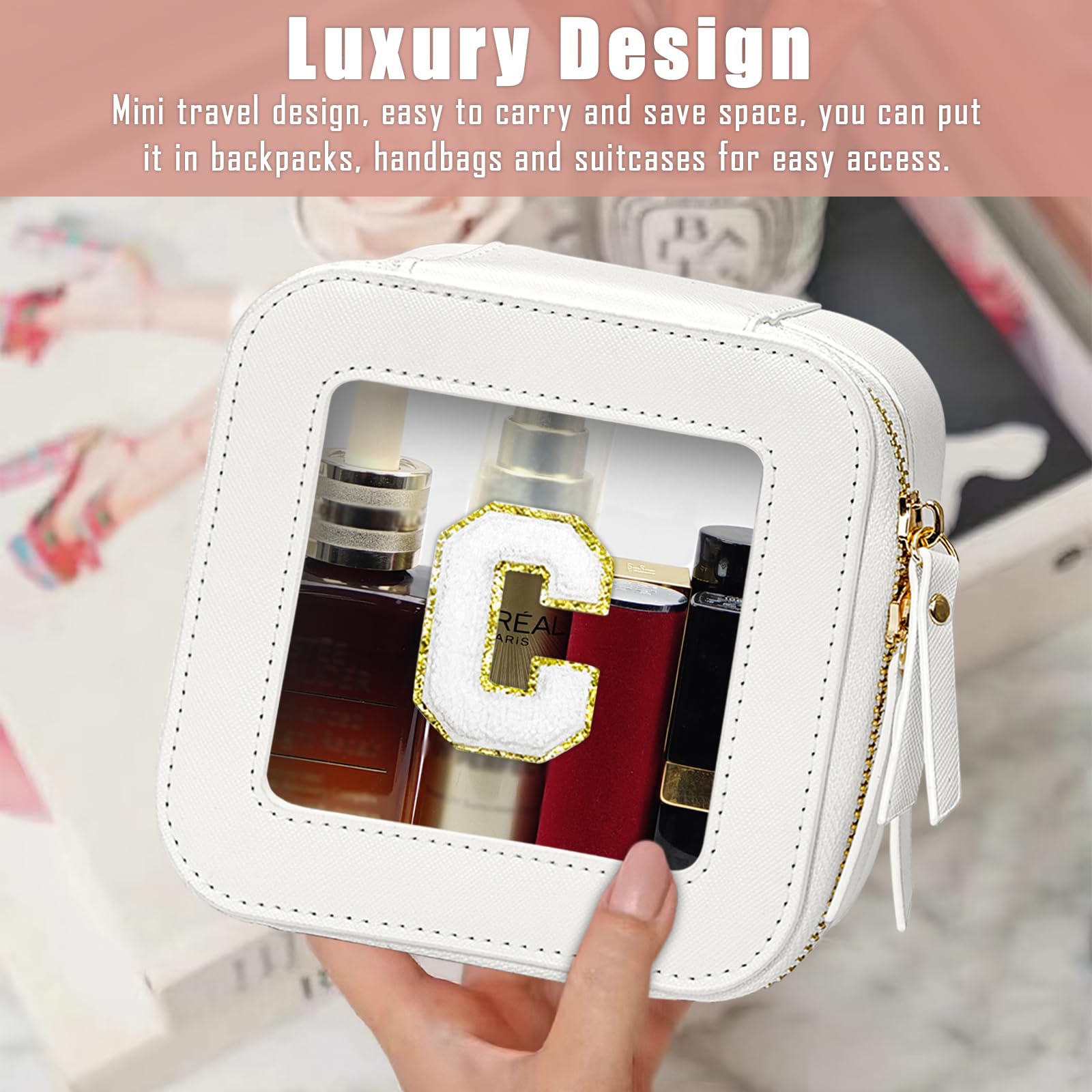Clear Initial Makeup Bag Set - Travel Cosmetic Organizer with Handle, Transparent Leather Toiletry Bag, Portable Waterproof Storage Case for Women | Perfect for Travel, Gym, and Daily Makeup Organization