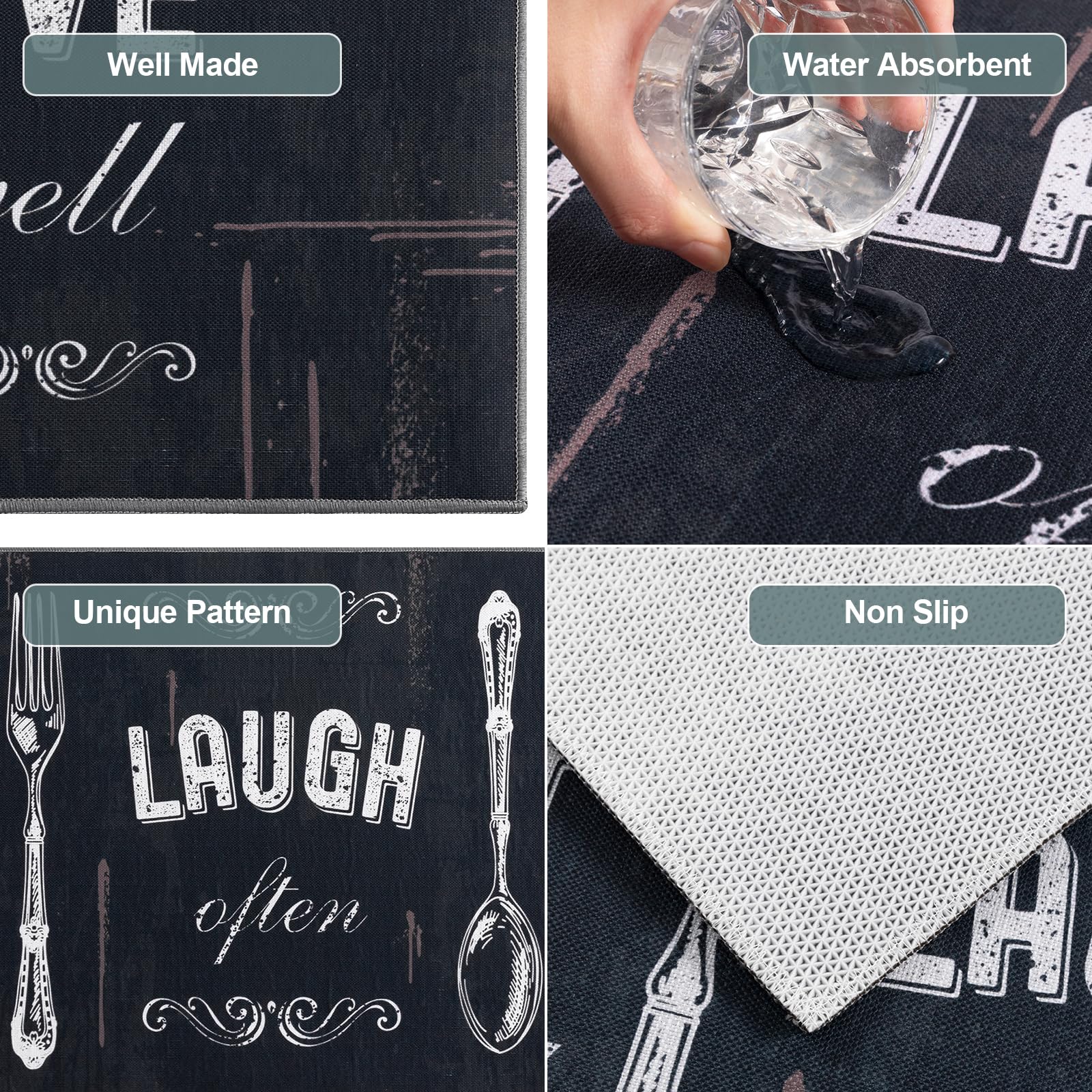 **Non-Slip 2-Piece Kitchen Rug Set - Carvapet Anti-Skid Backing Mats for Floor Protection, Black/Dark Grey Motto Design (17