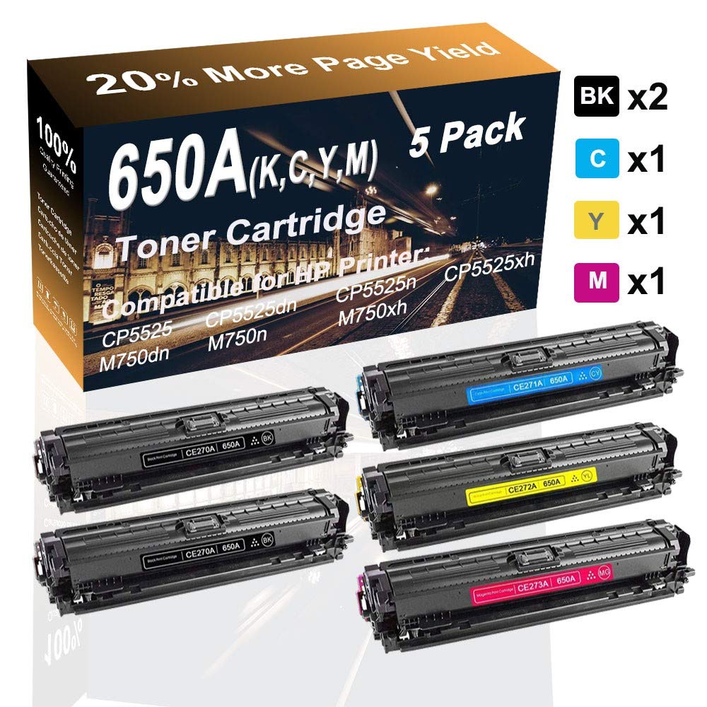 5-Pack (2BK+C+Y+M) High Yield Compatible Laser Toner Cartridge Replacement for HP 650A (CE270A CE271A CE272A CE273A) - Works with HP CP5525n, M750n, CP5525dn Printers - Ideal for Office & Home Printing, Business Documents & High-Volume Printing Needs