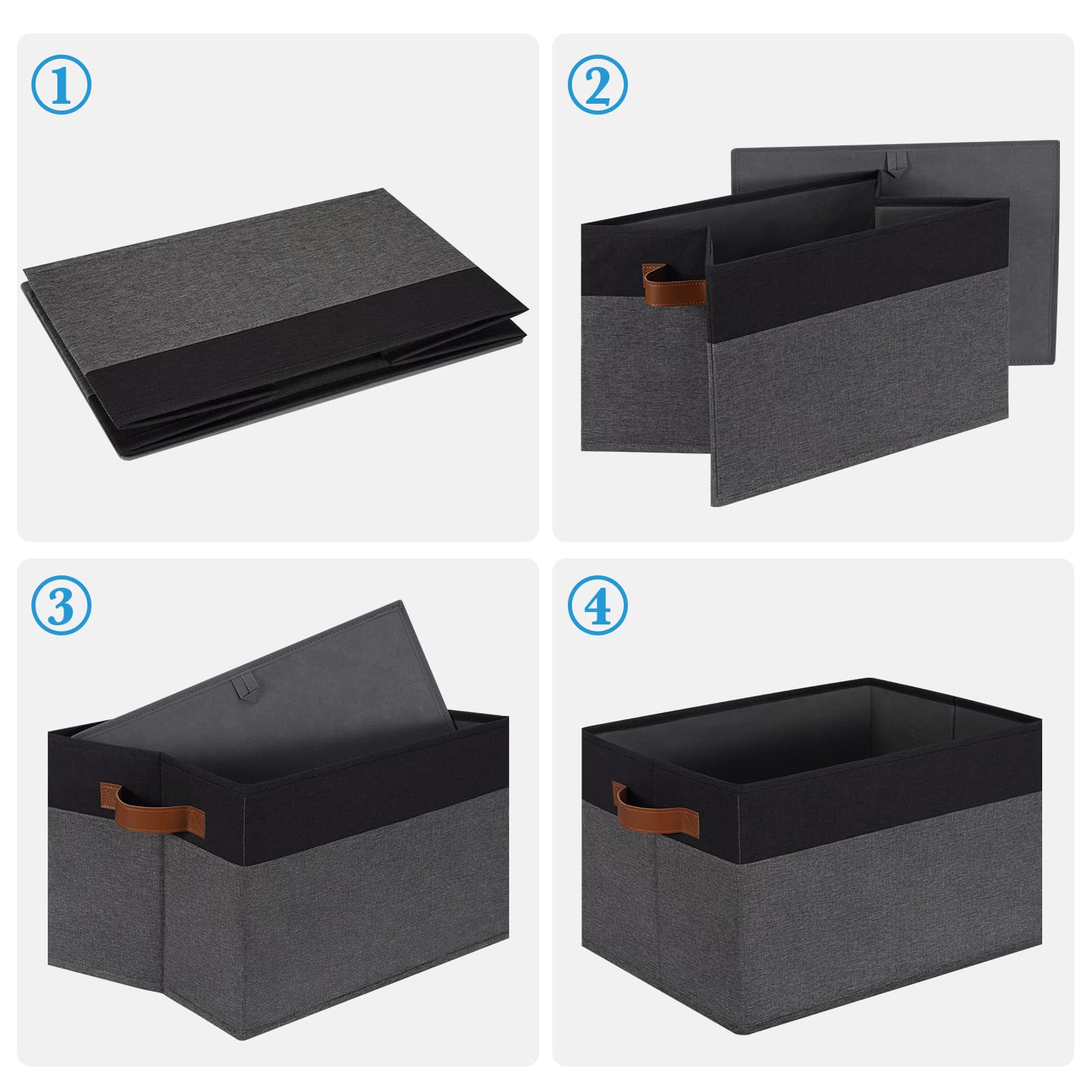 Large Foldable Fabric Storage Bins with PU Handles - 26L Closet Organizer Baskets for Shelves, Home, Bedroom & Office (3-Pack, Grey & Black) - Perfect for Storing Clothes, Toys, Blankets & Home Organization