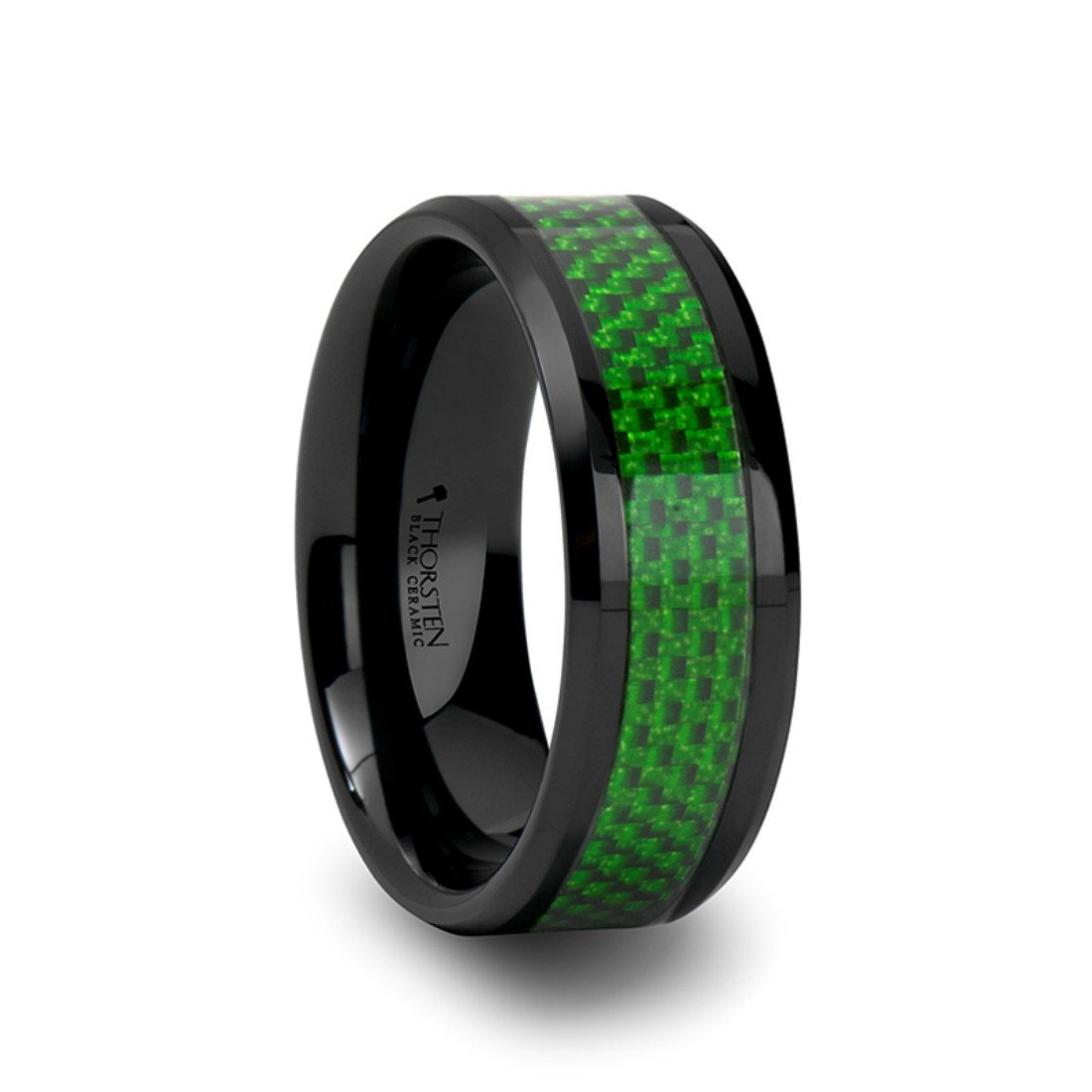 MATLAL Black Ceramic Ring with Emerald Green Carbon Fiber Inlay - 8mm Wide Beveled Edge Wedding Band for Men | Durable, Scratch-Resistant Jewelry for Everyday Wear, Anniversary Gifts & Special Occasions