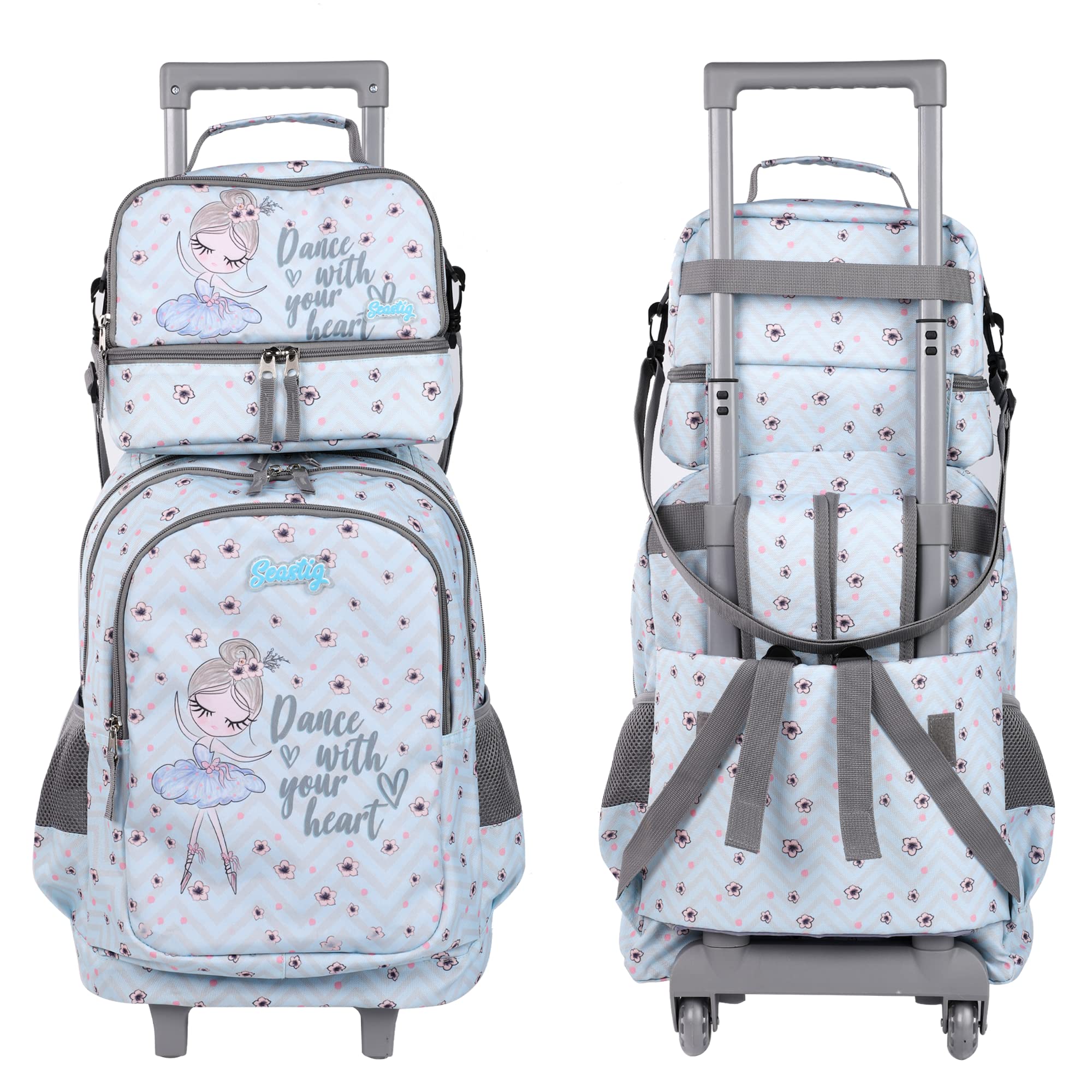 Seastig 18in Rolling Backpack for Kids - Double Handle Wheeled Backpack with Lunch Bag Set | School, Travel & Daily Use for Boys & Girls