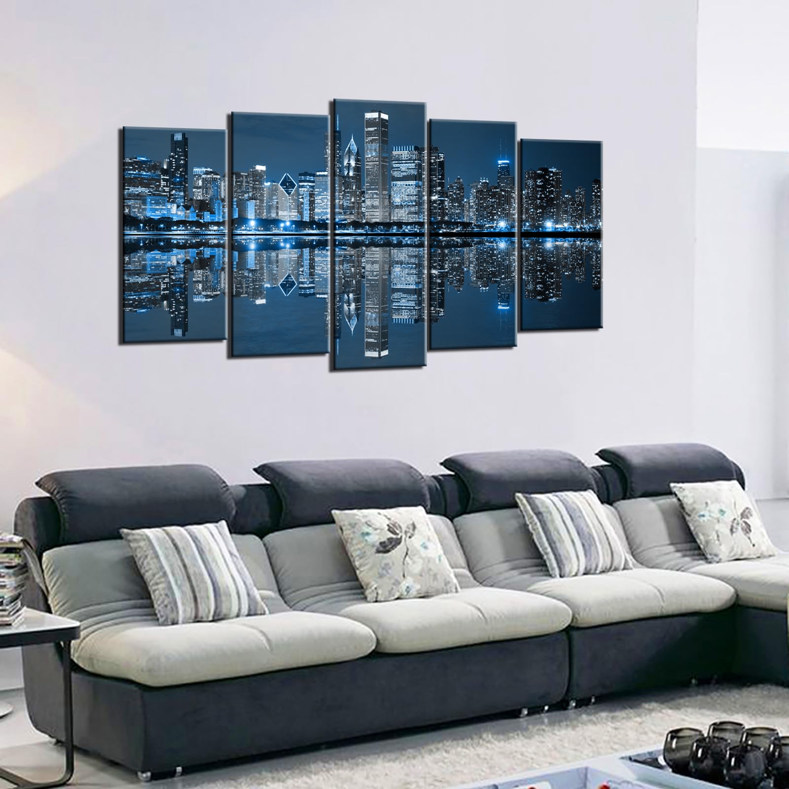 LevvArts Chicago Skyline Canvas Wall Art - Blue City Night Painting for Office & Living Room Decor - Large Size - Perfect for Home, Office & Gift Giving