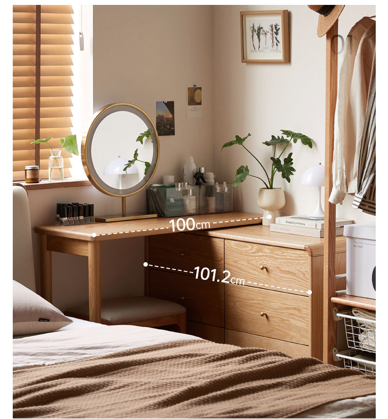 Solid Oak Retractable Vanity Dressing Table with Mirror - Perfect for Bedroom, Bathroom & Small Space Makeup Organization