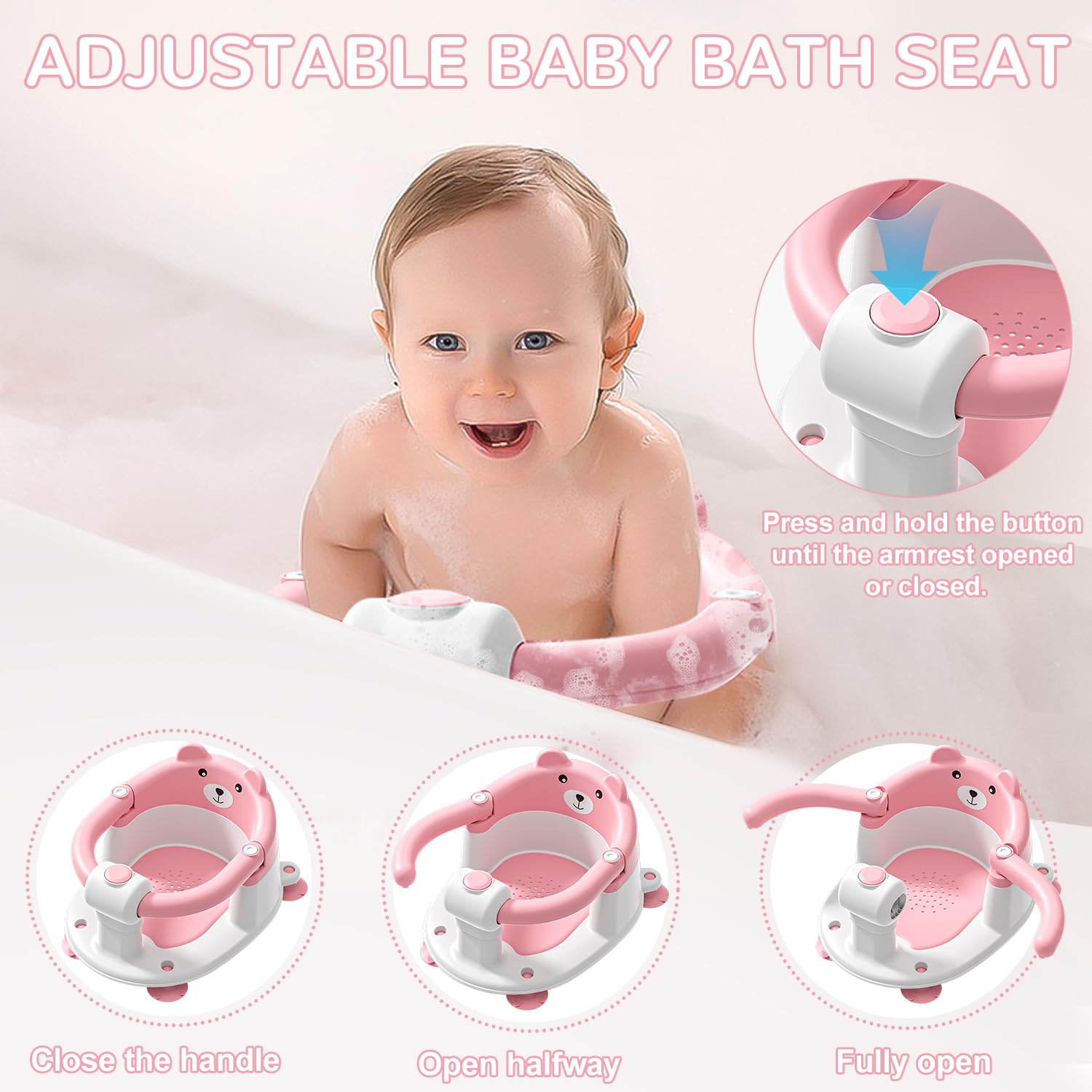 Non-Slip Baby Bath Seat for Infants 6-24 Months | Safe Toddler Bathtub Chair with 4 Suction Cups & Soft Cushion | Newborn Bathing Support for Sitting Up | Shower & Bath Time Safety Essential (Pink) - Perfect for Secure Bathing at Home or Travel