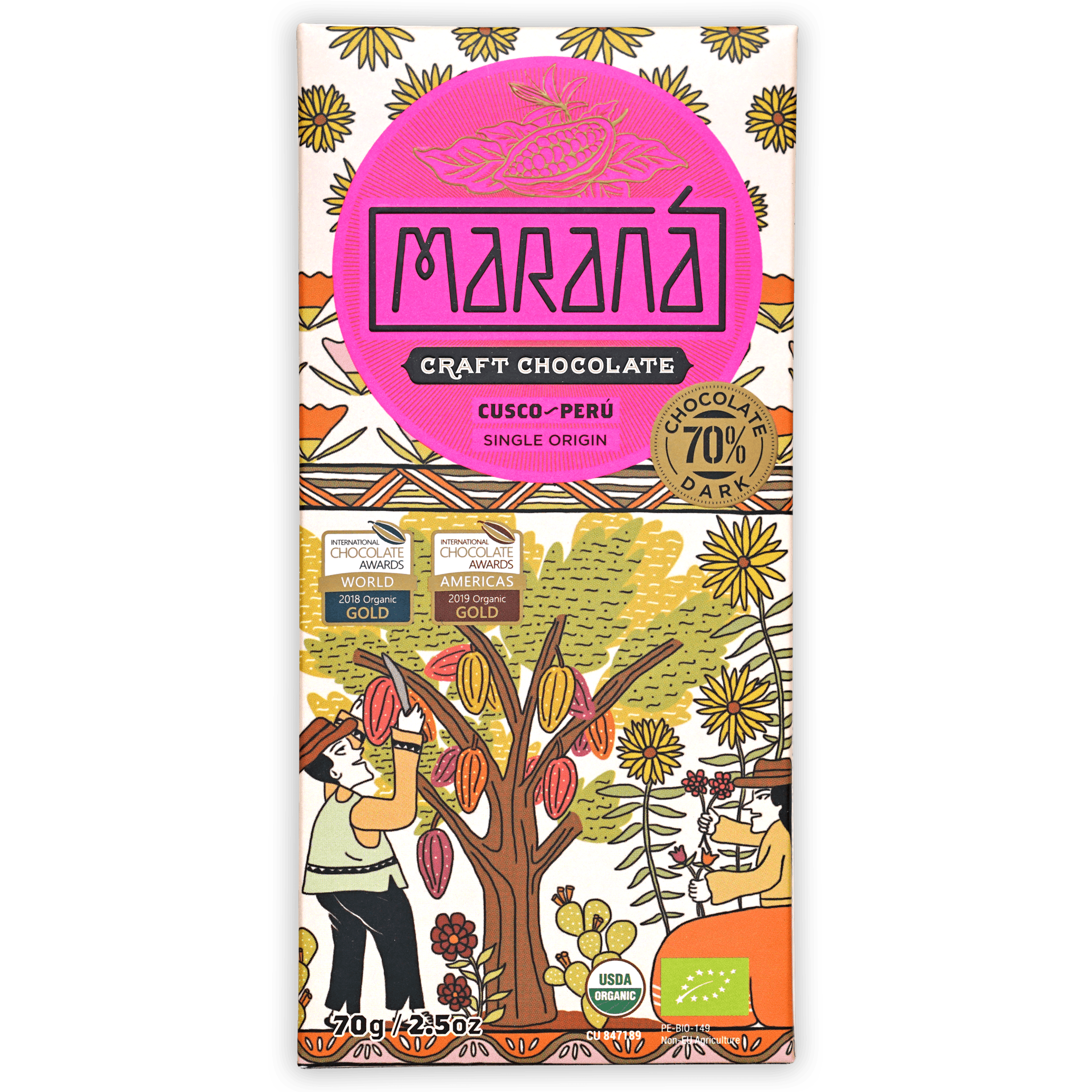 Organic Marana Cusco Dark Chocolate Bar 70% Cocoa - Premium Peruvian Chocolate for Baking, Gifts & Healthy Snacking