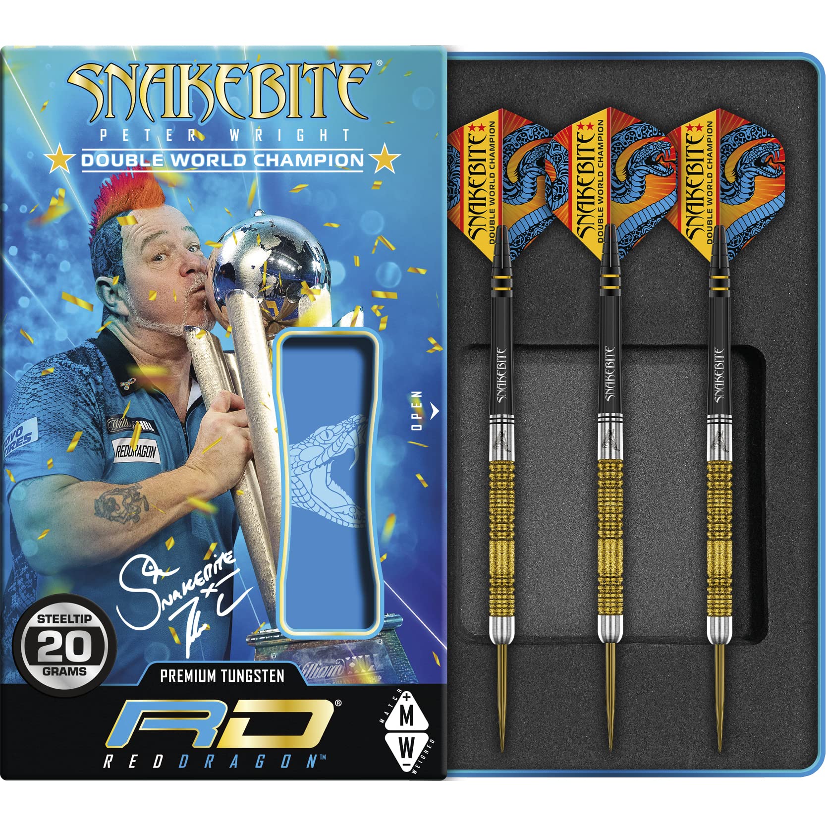 RED DRAGON Peter Wright Snakebite DWC Special Edition Gold Plus Steel Tip Darts with Flights & Carbon Fiber Shafts - Professional Darts Set for Tournaments & Home Practice
