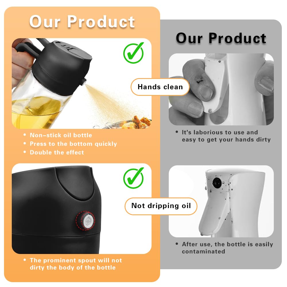 MGahyi 2-in-1 Glass Oil Sprayer & Dispenser - 470ml Kitchen Essential for Healthy Cooking | Perfect for Salad Dressing, Baking, Frying & Grilling | BPA-Free, Leak-Proof & Easy to Use (Black)