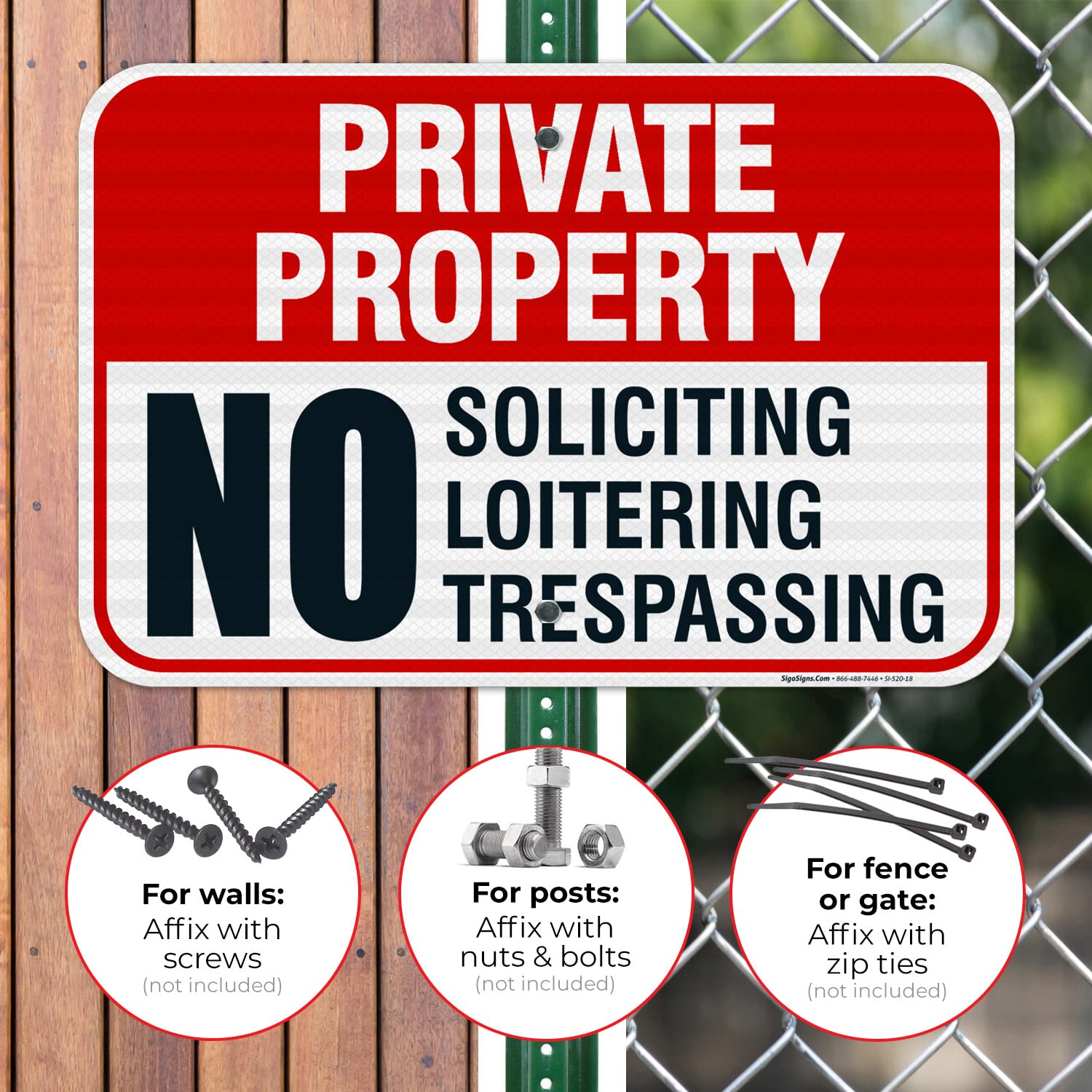Private Property Sign - No Soliciting, No Loitering, No Trespassing - 12x18 Inches Reflective Aluminum Sign - 3M EGP Coating, Fade Resistant - Easy Mounting for Indoor/Outdoor Use - Made in USA - Perfect for Homes, Farms, Warehouses & Business Properties