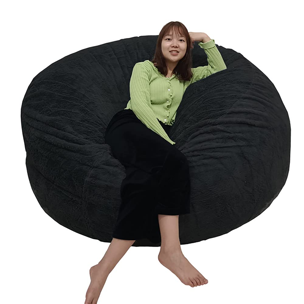 6 Foot Faux Fur Bean Bag Cover - Soft Giant Fluffy Bean Bag Chair Slipcover for Kids, Adults & Couples - Portable Living Room Lounger, Lazy Sofa Bed Replacement - Perfect for Movie Nights, Gaming & Relaxation (Black)