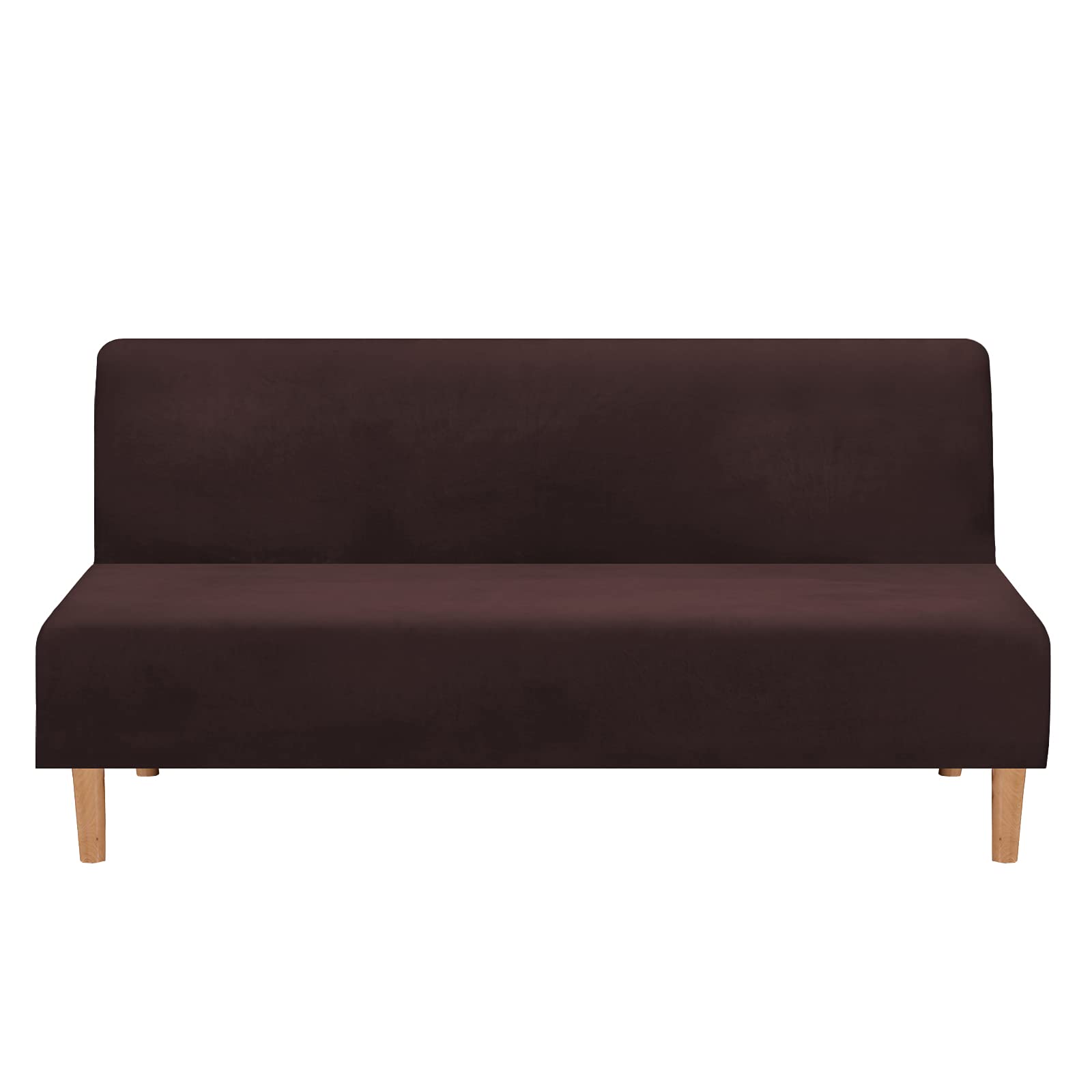 Stretch Sofa Slipcover Armless Futon Cover - Velvet Elastic Polyester Spandex Washable Furniture Protector for Sofa Bed & Folding Couch (Coffee Brown) | Perfect for Living Room, Dorm, Apartment & Home Decor