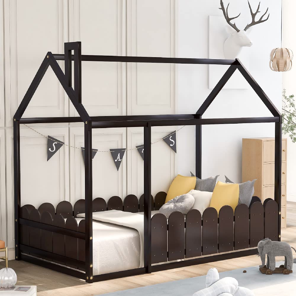 Wooden House Bed for Kids - Full Floor Cabin Bed with Roof & Fence | Montessori Toddler & Teen Bed for Cozy Bedrooms