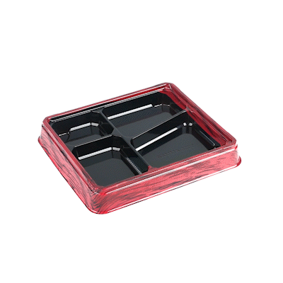 Bento Tek 19 oz Rectangle Red and Black Plastic Bento Box with 4 Compartments - 9.25