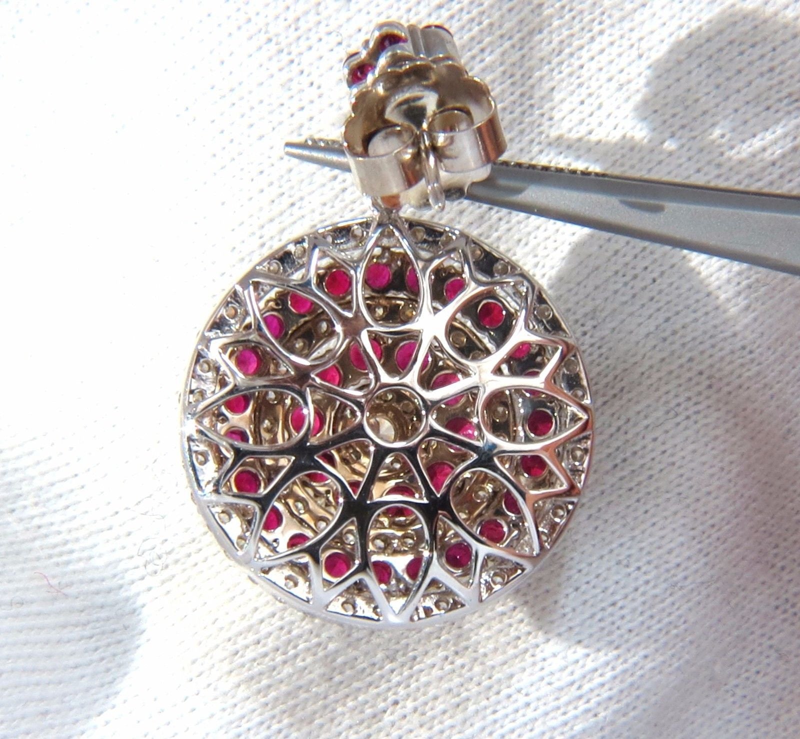 9.74ct Natural Red Ruby Diamond Dangling Earrings 18K Gold Roulette Bulls Eye - Elegant Jewelry for Weddings, Parties & Special Occasions