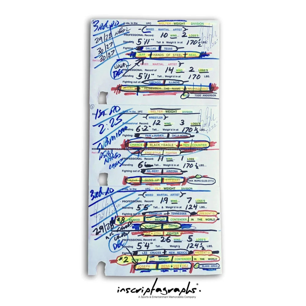 Bruce Buffer UFC 1st ESPN Brooklyn NY Event Used 8 Fight Intro Cards Collection - Authentic MMA Memorabilia for UFC Fans & Collectors - Perfect for Display, Gifts, and Sports Memorabilia Collections