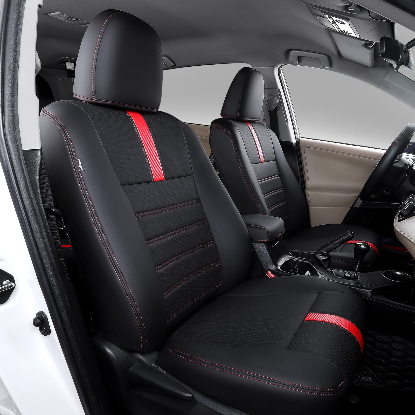 Premium PU Leather Car Seat Covers for 2013-2018 Toyota RAV4 (Limited/XLE/SE/Platinum/Adventure) - Custom Fit, Black & Red Design - Perfect for Road Trips, Daily Commutes & Car Protection