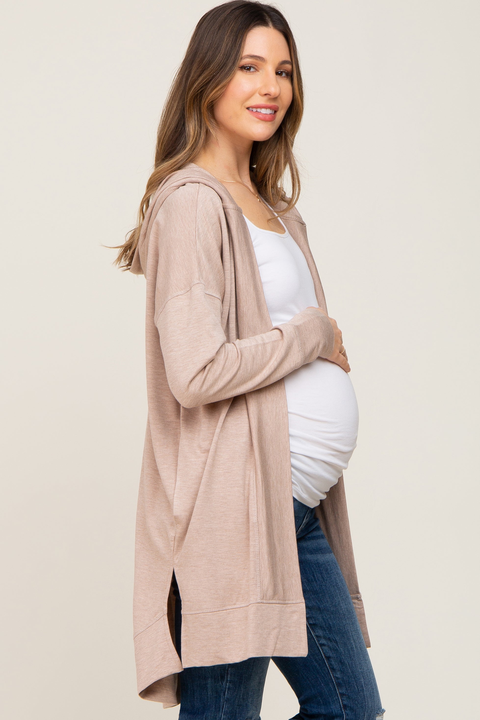 Beige Side Slit Hooded Maternity Cardigan for Women - Soft Long Sleeve Open Front Pregnancy Sweater | Perfect for Nursing, Lounging & Fall Maternity Outfits
