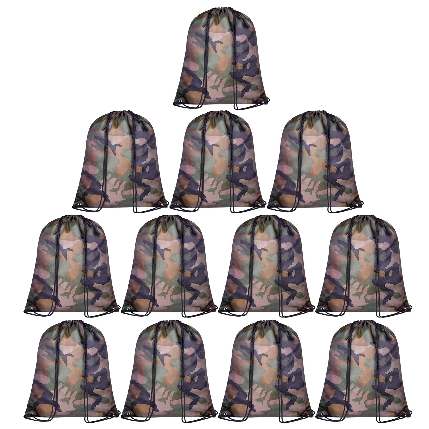 KUUQA 12 Pack Camouflage Drawstring Backpack Bulk - Lightweight Sports Bags for Kids, Gym, Travel & School - Durable Cinch Sack for Storage, Outdoor Activities & Events (Camouflage Pattern)