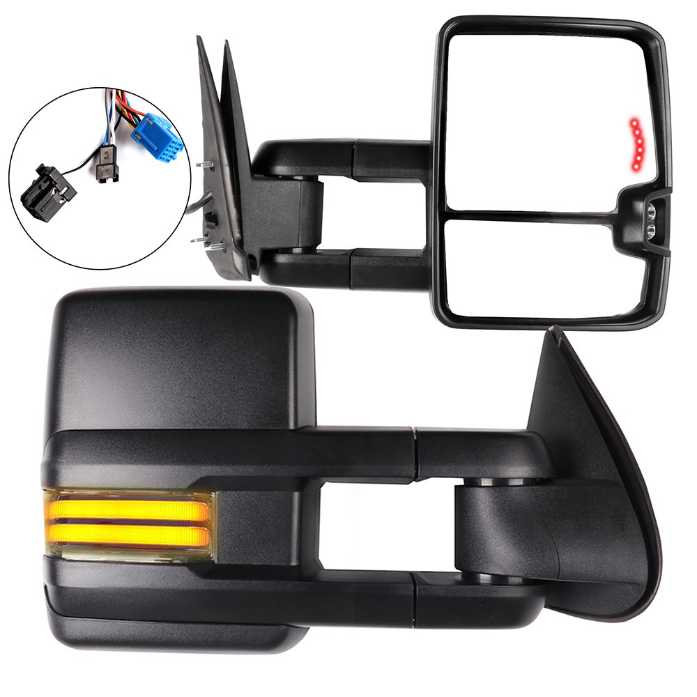 ASAPE Power-Adjustable Heated Towing Mirrors for Chevy Avalanche 1500 (2002-2006) - Chrome Housing, LED Turn Signal & Running Lights, Manual Telescoping, Dual Glass (Flat & Convex) - Perfect for Towing Trailers, Boats & RVs - 1 Pair