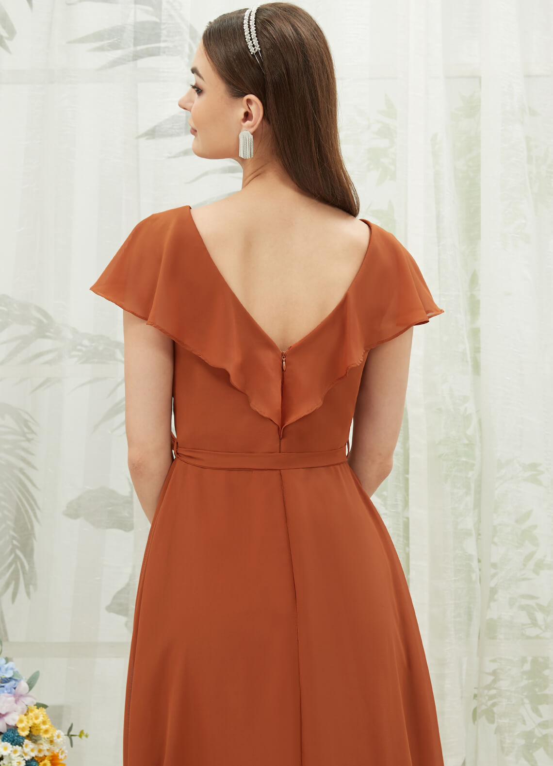 Elegant Burnt Orange Chiffon Bridesmaid Dress with Ruffle Sleeves & V-Neck Slit - Perfect for Weddings, Formal Events & Evening Parties