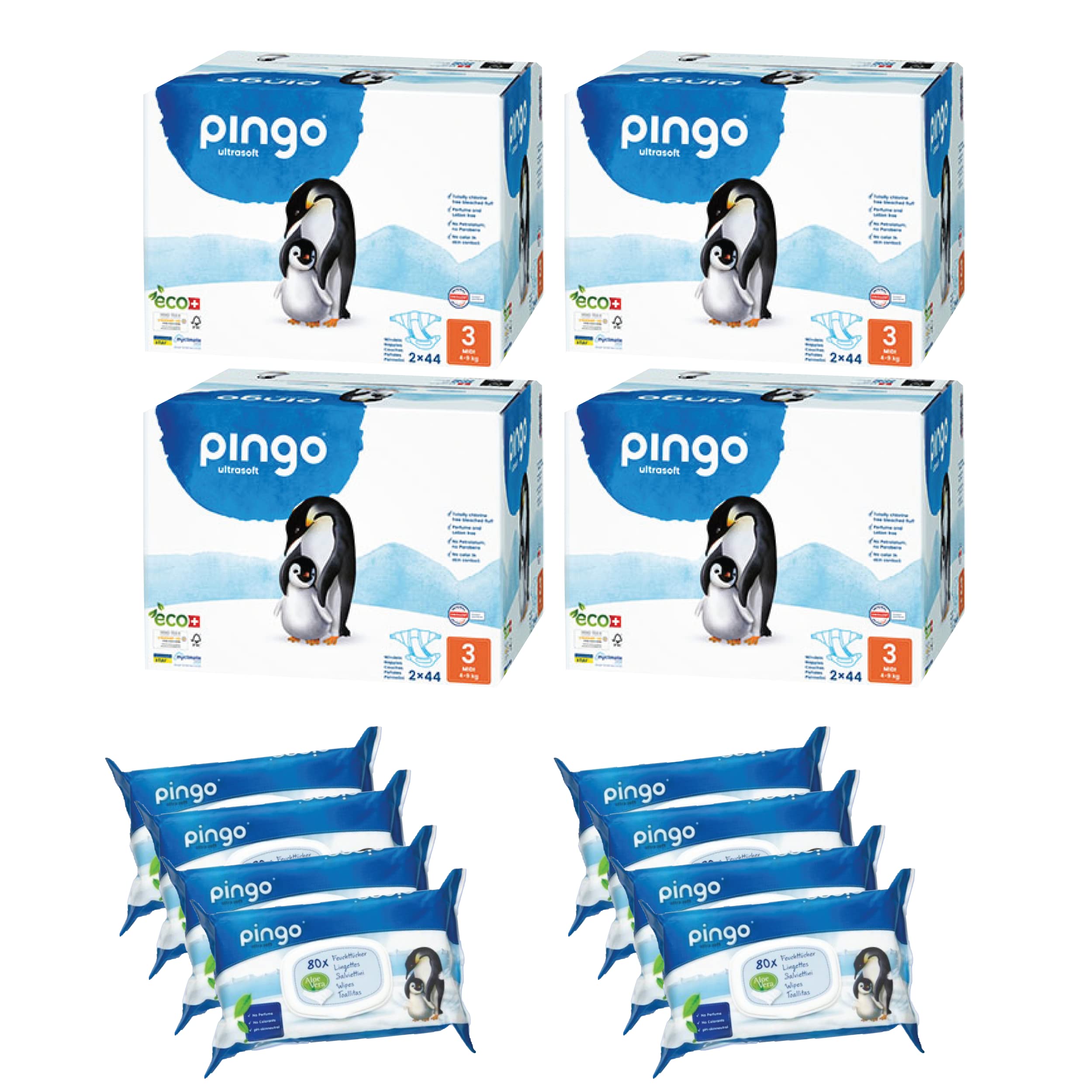 Organic Eco-Friendly Disposable Diapers Size 3 (8.8-20 lbs) - 4 Pack Bulk Box (352 Count) with 640 Baby Wipes - 2 Month Supply | Hypoallergenic, Ultra Absorbent for Newborns & Infants | Perfect for Daycare, Travel & Overnight Use