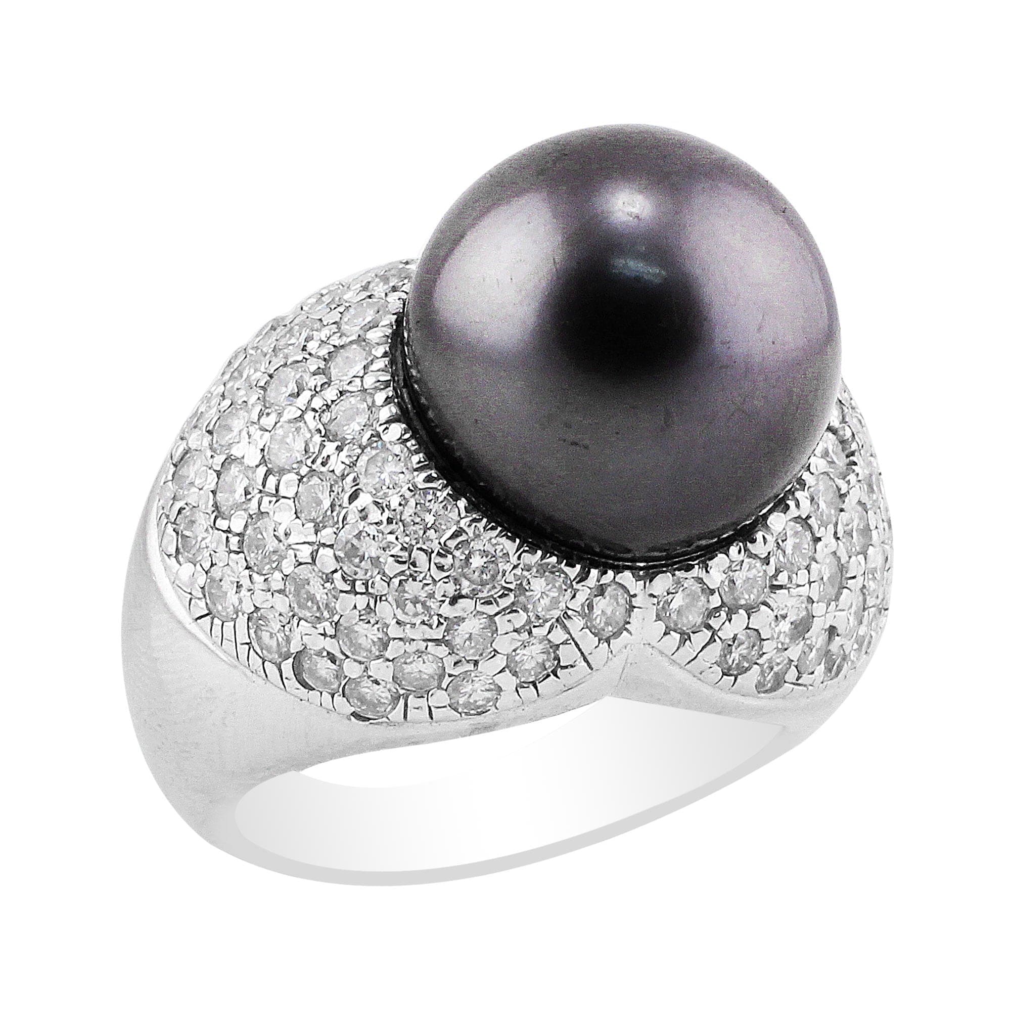 18K White Gold Tahitian Pearl and Pavé Diamond Ring for Women - Elegant Wedding, Engagement, Anniversary Gift - Perfect for Special Occasions and Evening Events
