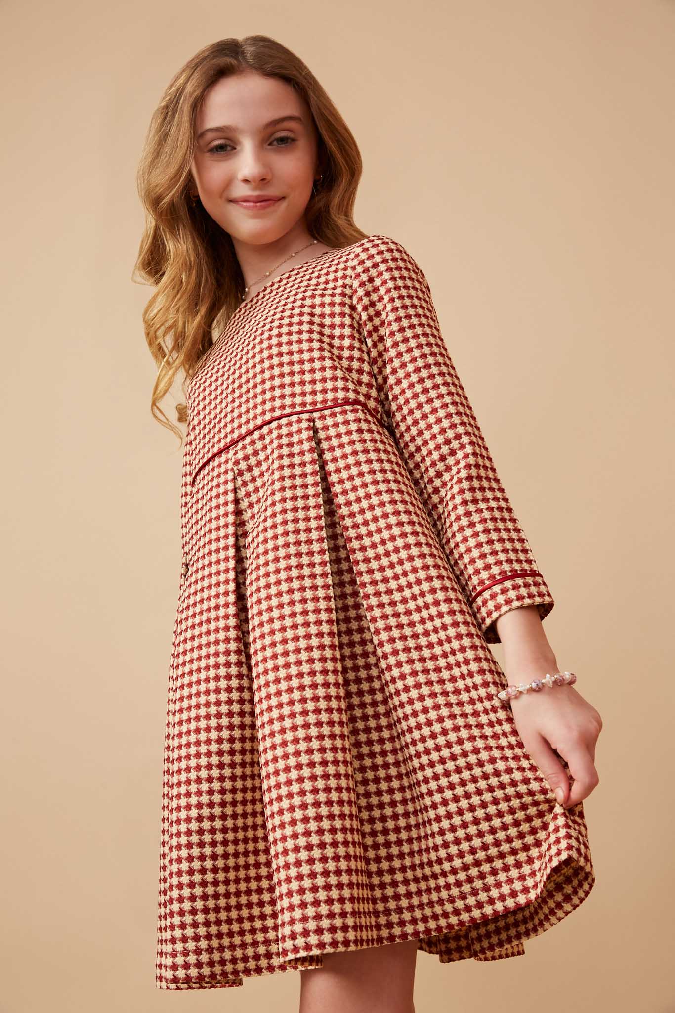 Elegant Houndstooth Box Pleat Dress with Piping Detail - Perfect for Office Wear, Cocktail Parties & Formal Events