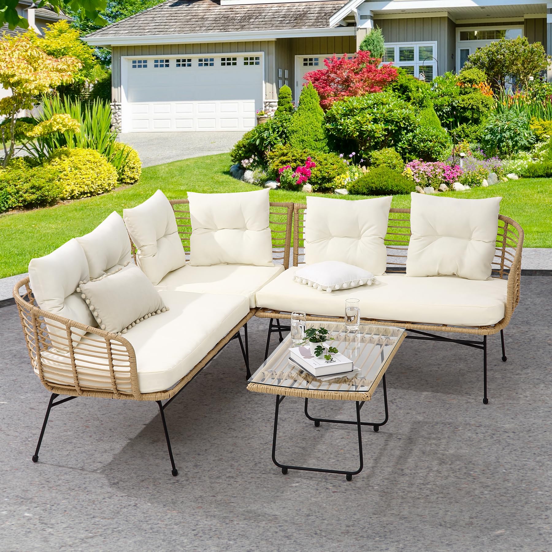 GARVEE 4-Piece Boho Outdoor Patio Furniture Set - L-Shaped Sectional Sofa with Thick Cushions & Tempered Glass Coffee Table - Perfect for Deck, Backyard, Porch & Garden Relaxation