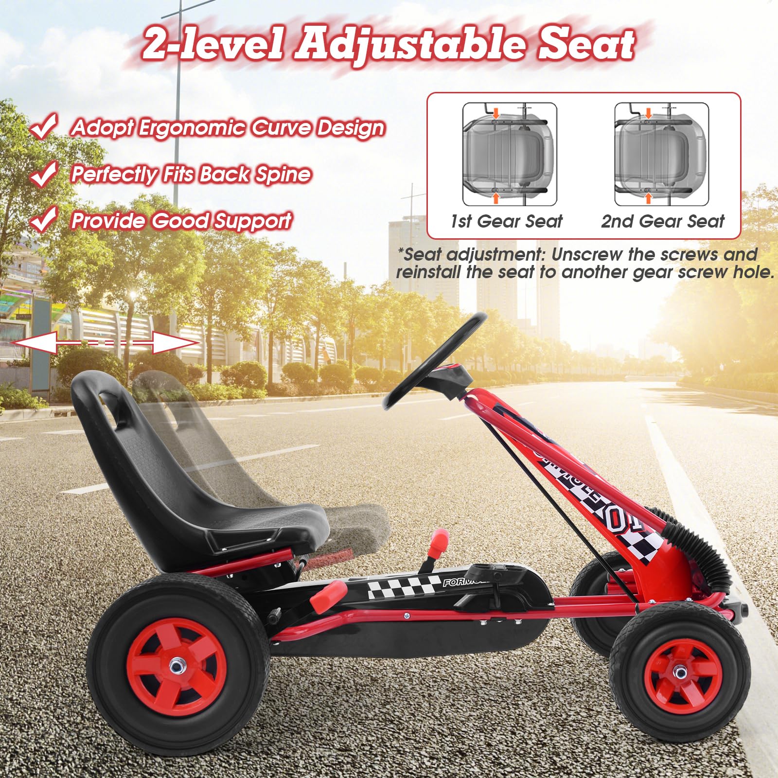 **HONEY JOY Kids Go Kart - 4 Wheel Off-Road Pedal Car with Steering Wheel, Adjustable Seat, 2 Safety Brakes & EVA Tires - Outdoor Ride-On Toy for Boys & Girls - Perfect for Backyard, Park & Driveway Fun (Red)**