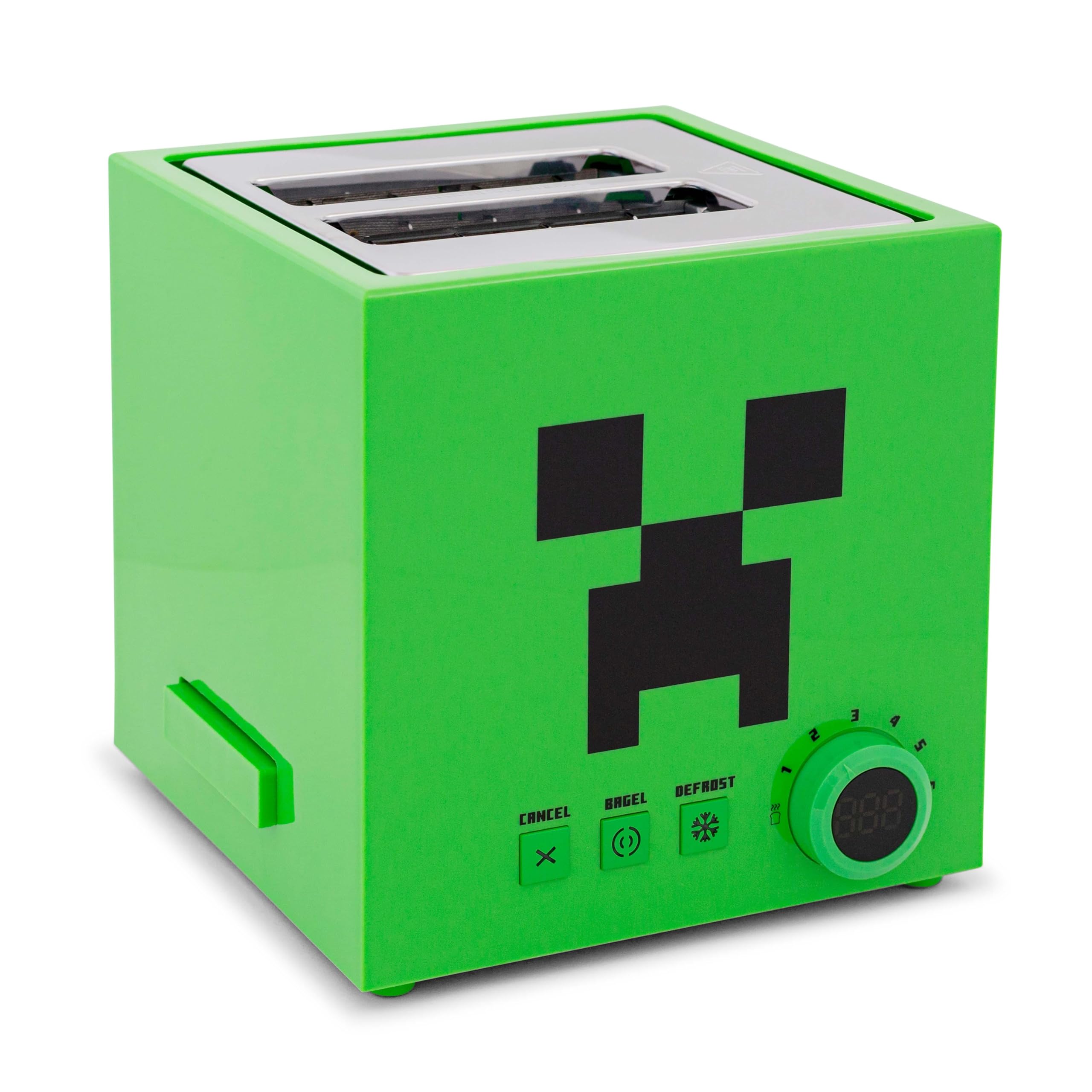 Minecraft Green Creeper 2-Slice Toaster for Bagels, Waffles & Bread - 6 Browning Settings with Defrost Function - Prints Creeper Face Design - Perfect for Gamers, Kids & Minecraft Fans Breakfast