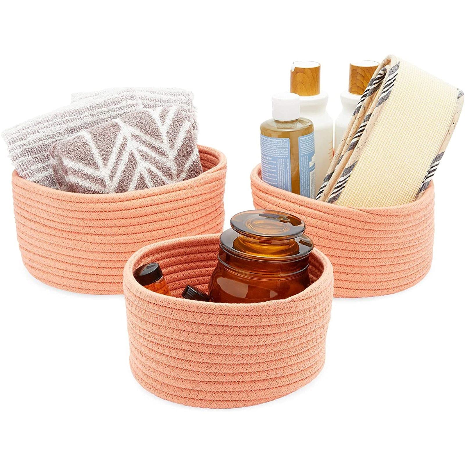 Farmlyn Creek Cotton Woven Storage Baskets - Peach Home Organizer Set (3 Sizes, 3 Pack) | Perfect for Closet, Bathroom & Nursery Organization