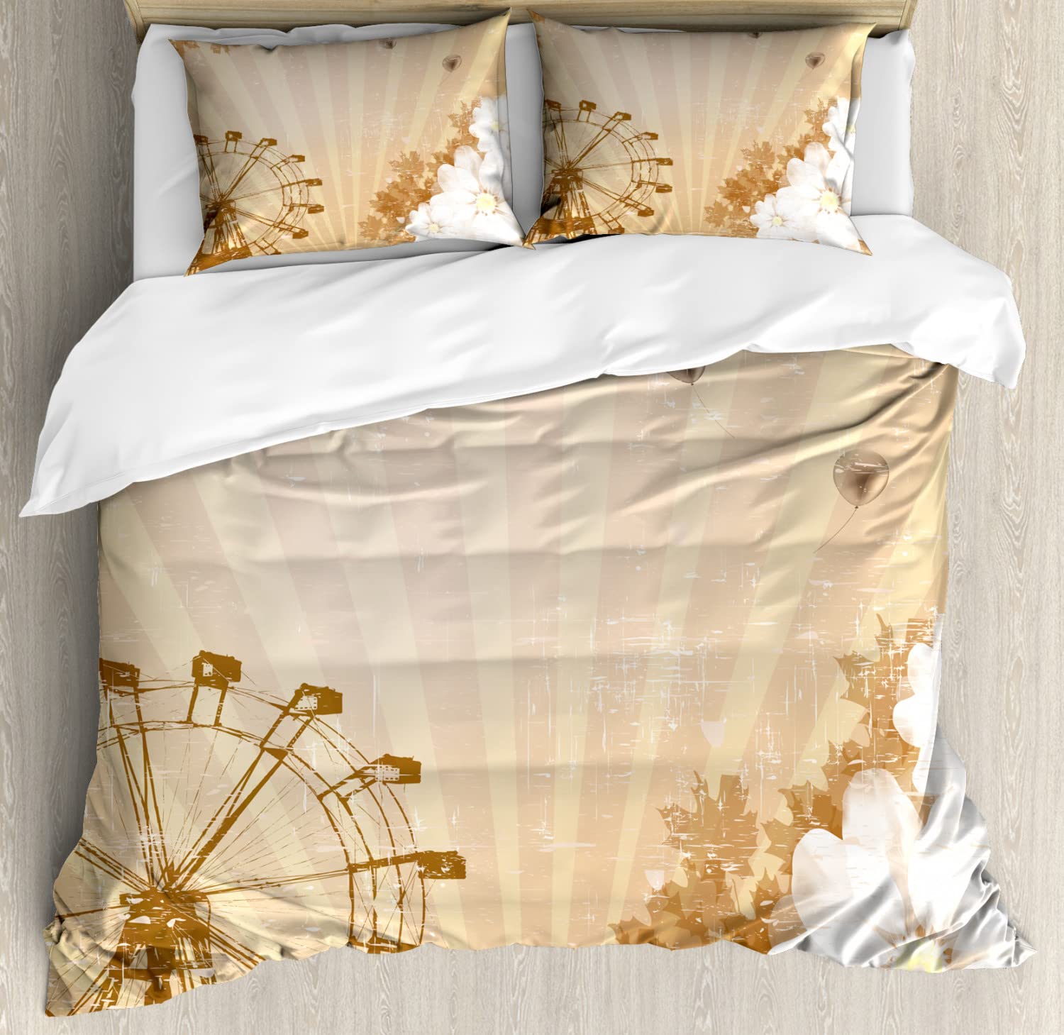 Ambesonne Vintage Ferris Wheel Duvet Cover Set - 2 Pack King Size Bedding with 4 Pillowcases, Umber Tan Design Featuring Fun Ride Leaves Flowers Balloons - Perfect for Themed Bedrooms, Carnival Decor & Cozy Home Styling