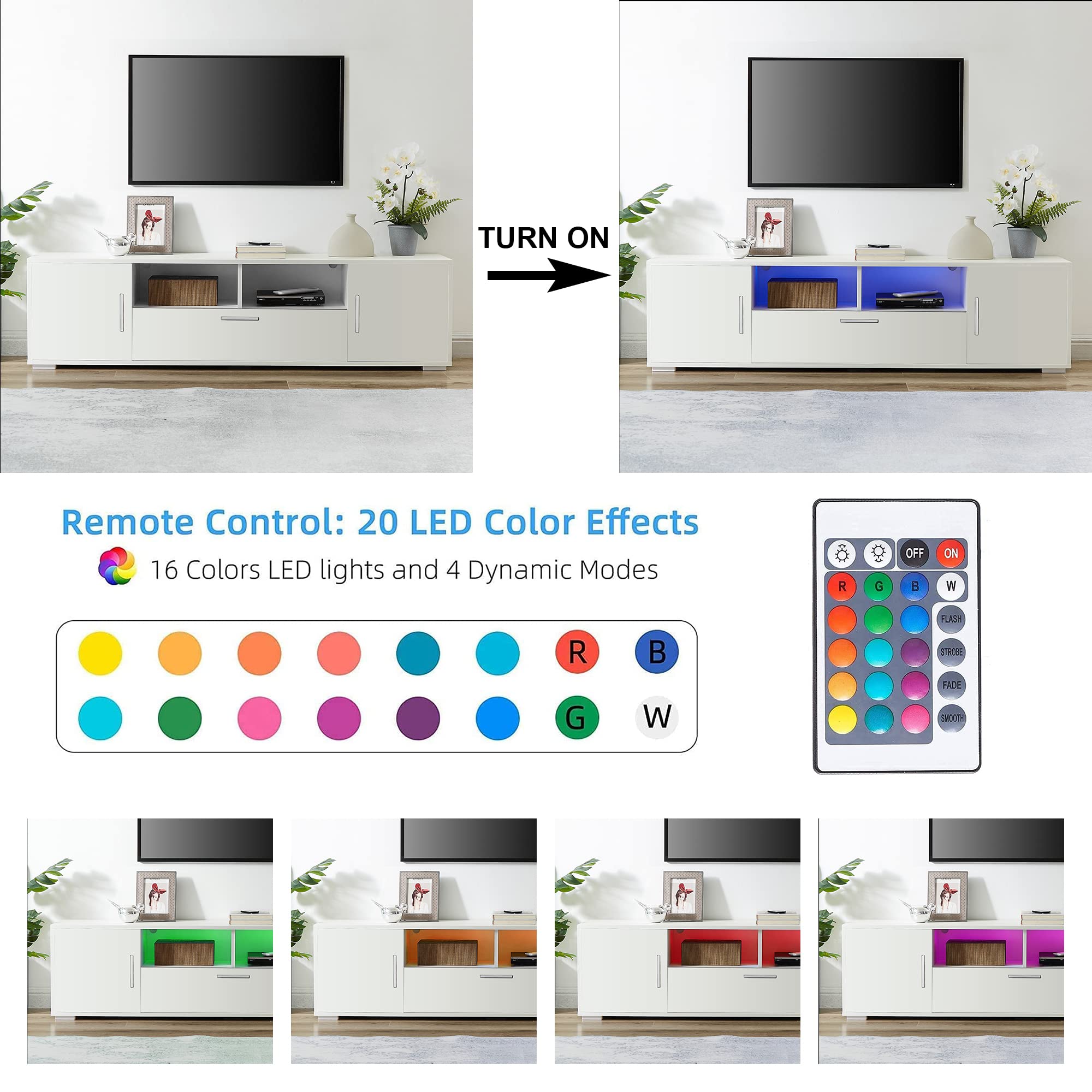 Modern LED TV Stand for 70-75 Inch TVs with Storage Drawer & Lights - Entertainment Center Media Console Table for 50/55/65 Inch TVs (White) - Perfect for Living Room, Gaming & Movie Nights
