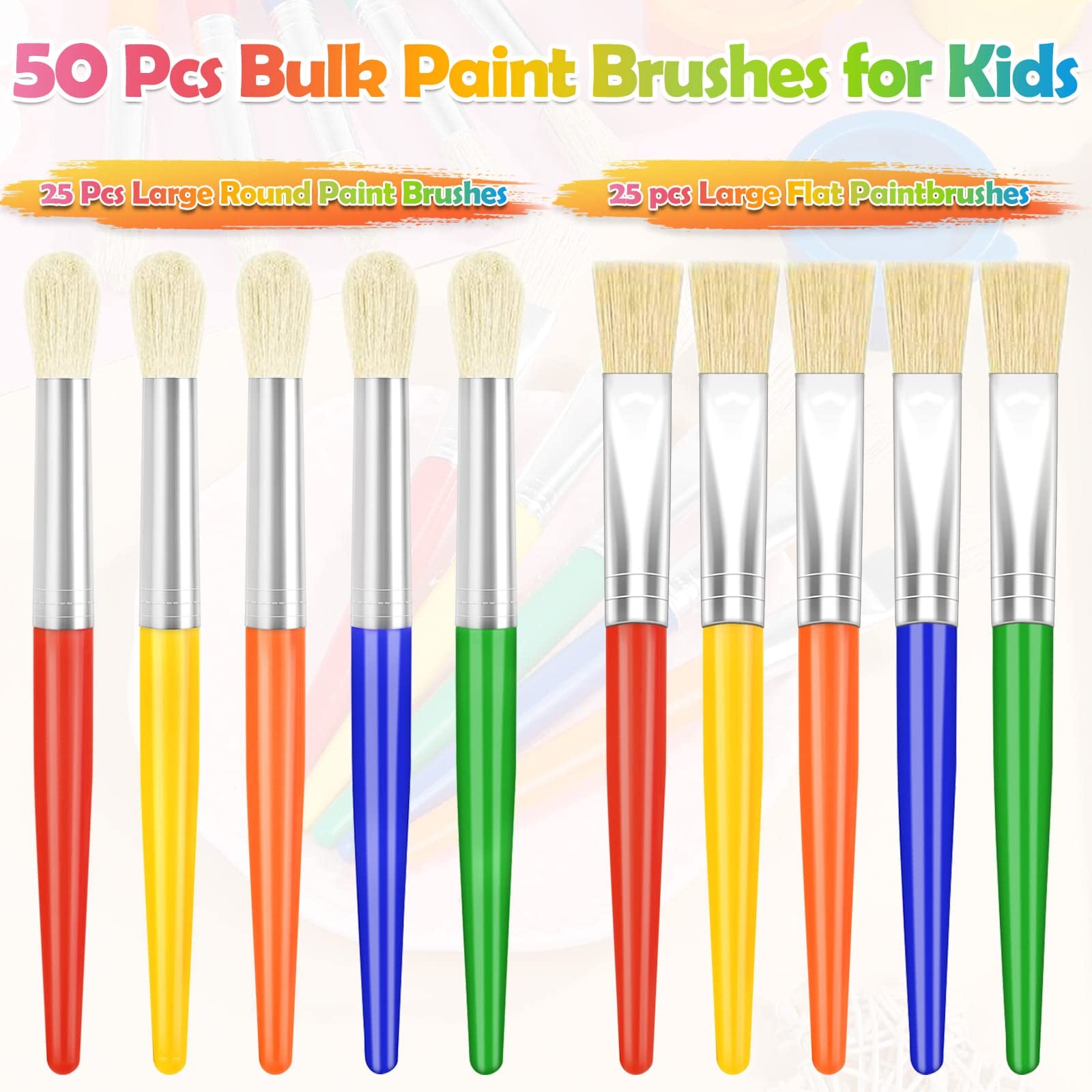 Anezus 50-Piece Kids Paint Brushes Set - Bulk Toddler & Preschool Painting Supplies with Round & Flat Brushes for Art Projects, Classroom Activities & Birthday Party Crafts