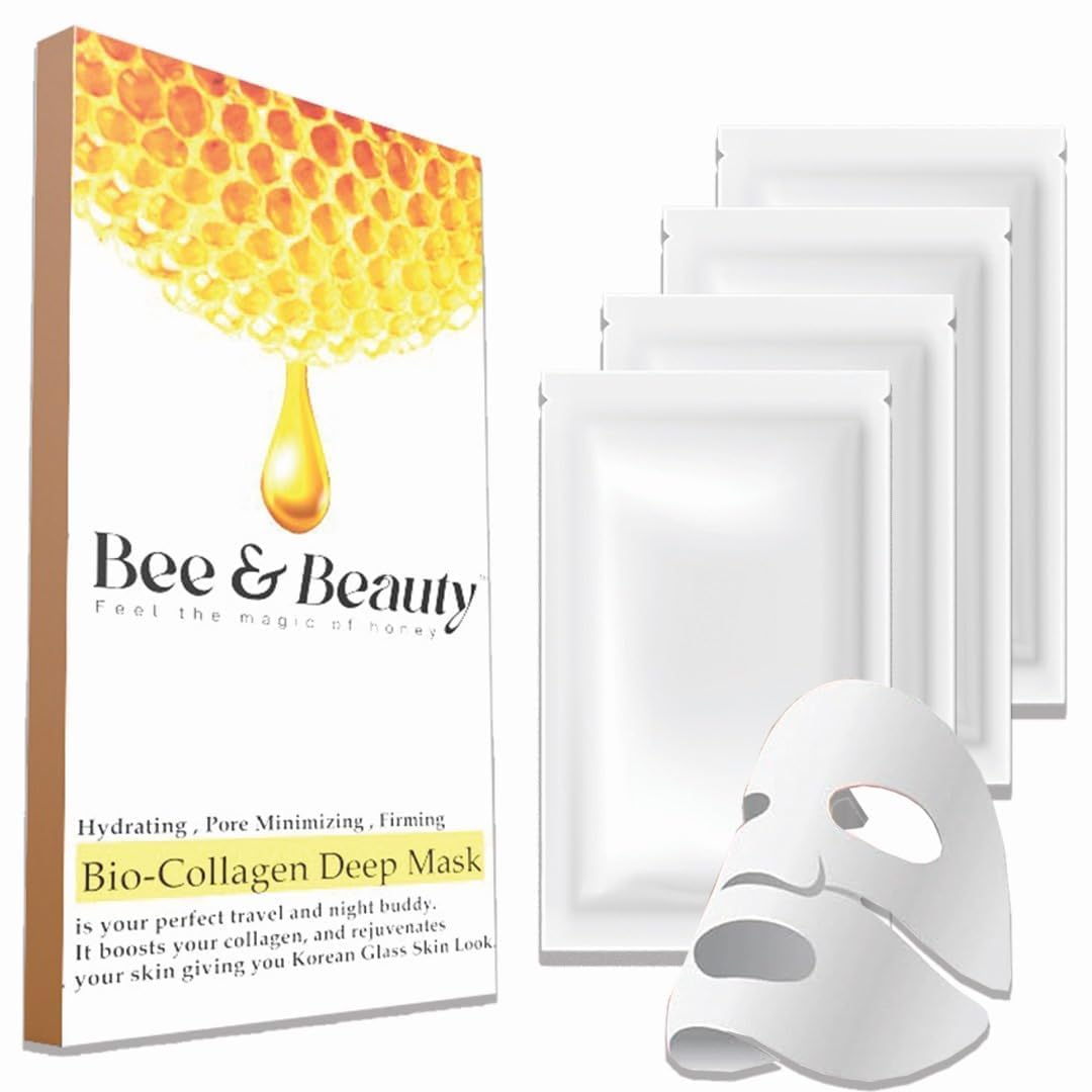 Bee & Beauty Collagen Overnight Mask - 4 Pcs | Korean Hydrating Face Mask with Honey for Glass Skin | Deep Moisturizing, Pore Minimizing, Brightening & Anti-Aging Treatment | Perfect for Night Skincare Routine & Post-Tan Recovery
