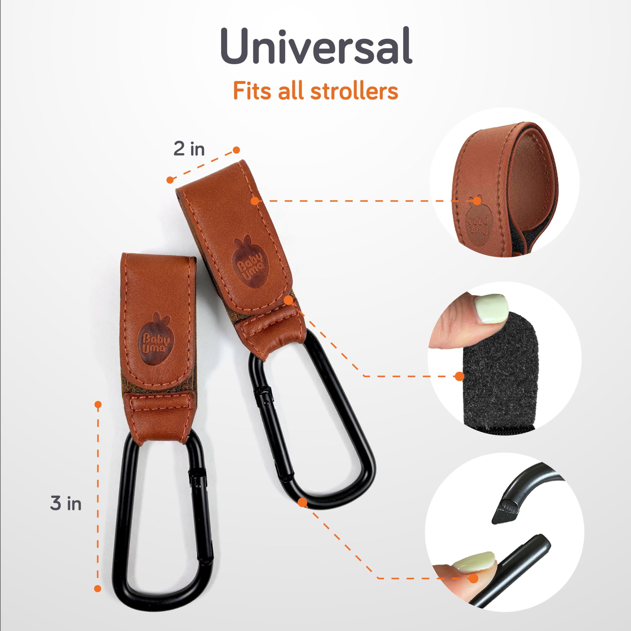 Premium Baby Stroller Hooks for Bags (2 Pack) - Universal Non-Slip Stroller Accessories, Leather-Style Stroller Clips Holds Up to 11 lbs Each - Perfect for Diaper Bags, Shopping Bags & Baby Essentials on the Go
