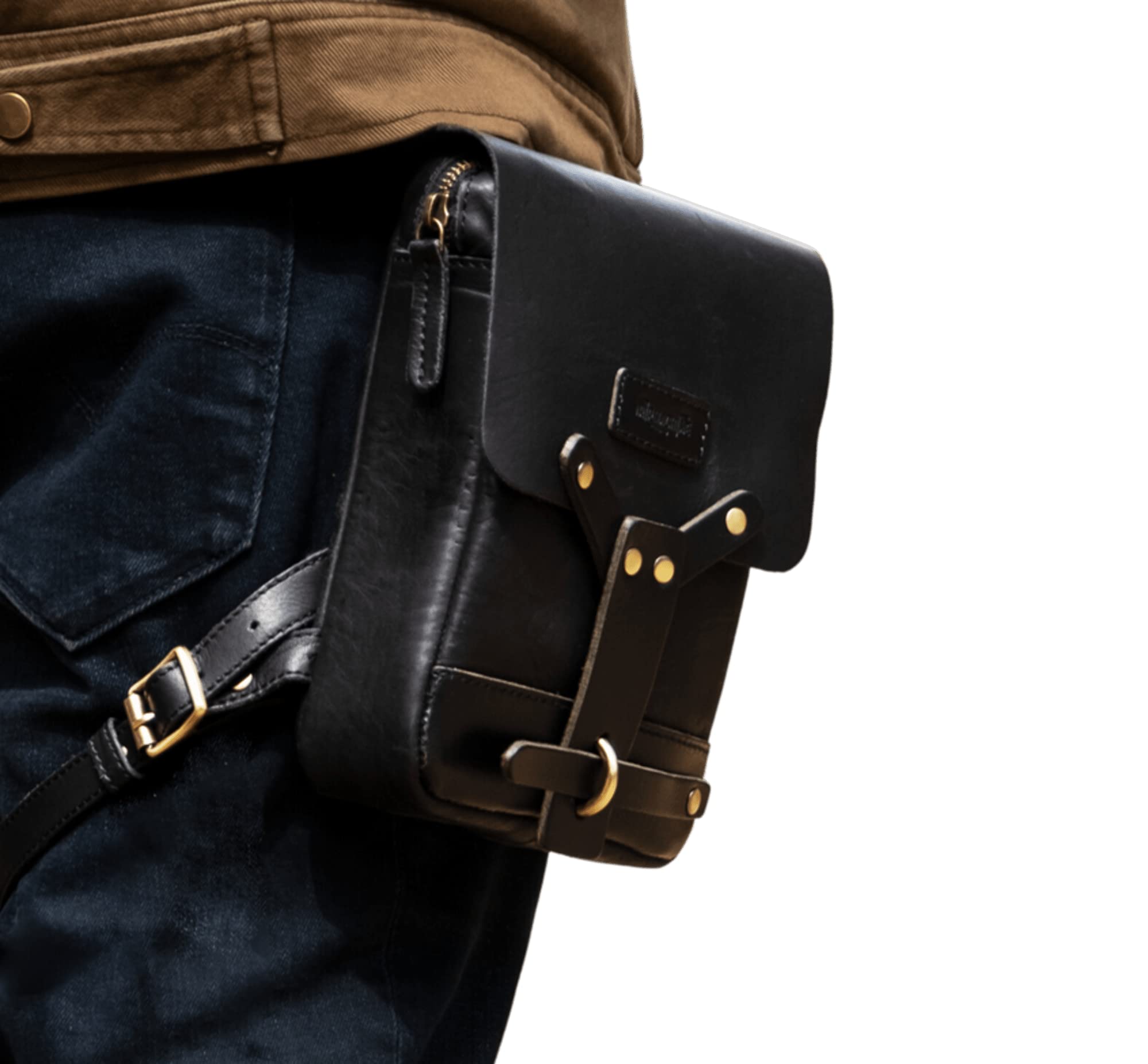 Trip Machine Company Genuine Leather Handmade Waist Drop Thigh Bag Fanny Pack - Black | Durable & Stylish for Travel, Hiking, Festivals & Everyday Use