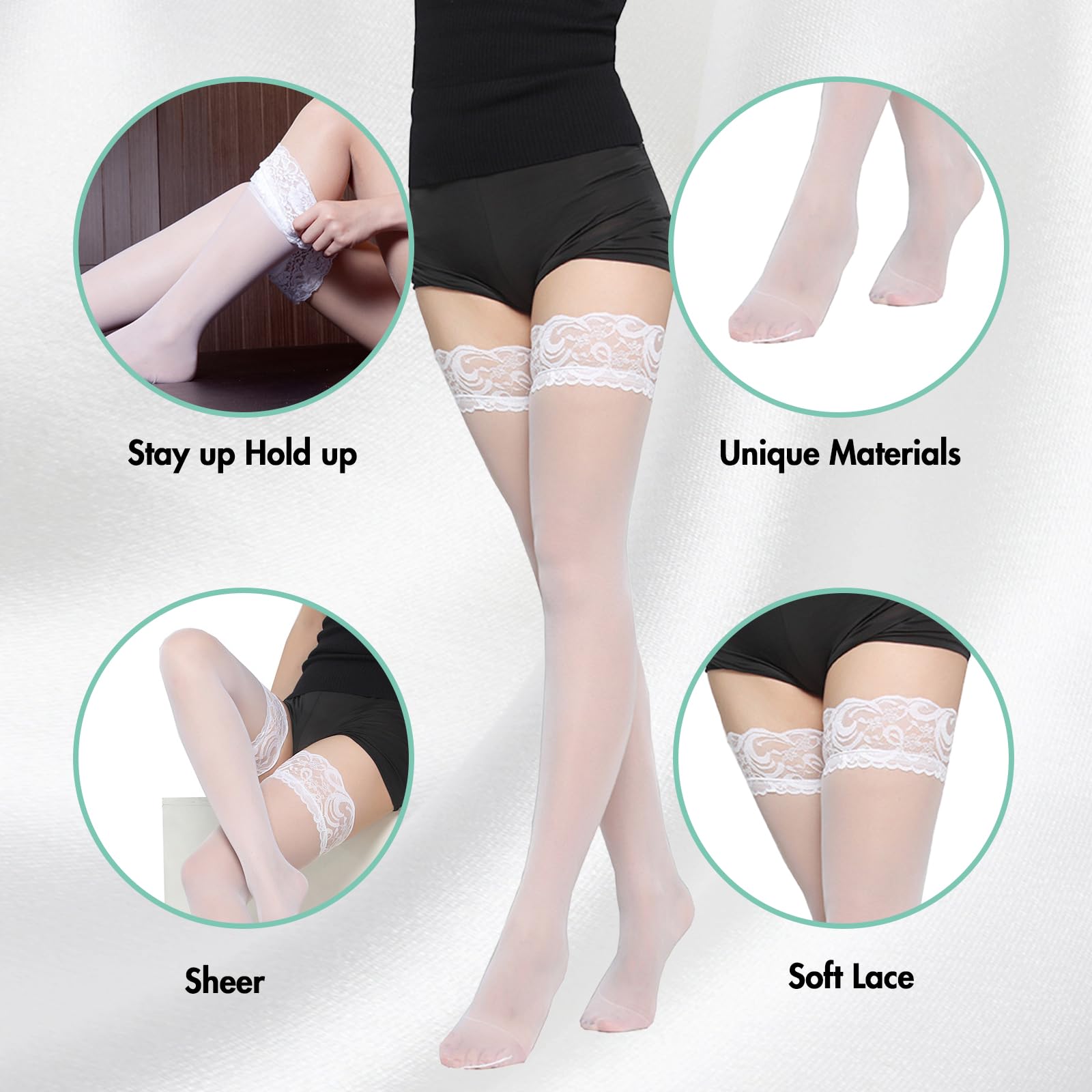 Xumann 2 Pairs Women's White Thigh High Hold Up Stockings - Soft Silk Lingerie for Bridal, Cosplay & Date Night Outfits