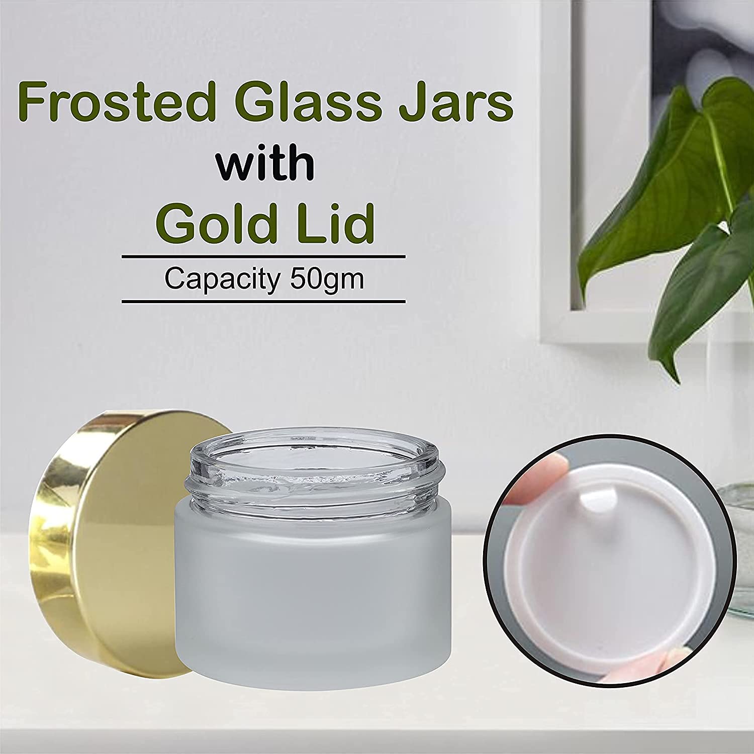 DINEMART 2-Pack 50g Frosted Glass Jars with Golden Caps & White Inner Lids - 100% Leak Proof Refillable Empty Cosmetic Containers for Creams, Lip Balm, DIY Skincare, Beeswax, Beauty Products | Perfect for Home Organizing, Travel & Gift Packaging