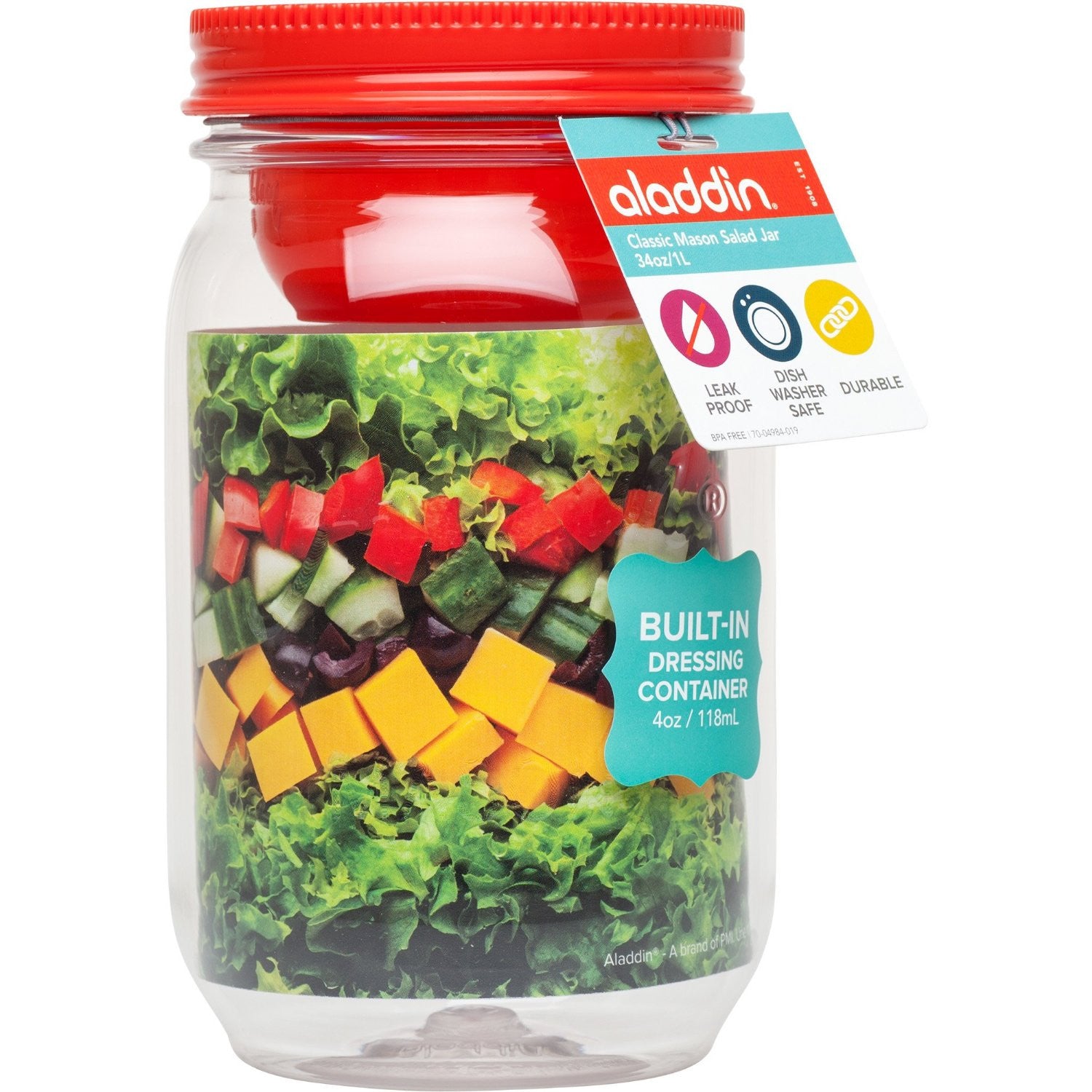 Aladdin Classic Mason Salad Jar with Sauce Holder 34oz (946mL) - Perfect for Meal Prep, Office Lunches & Healthy Eating - BPA-Free Leakproof Glass Container