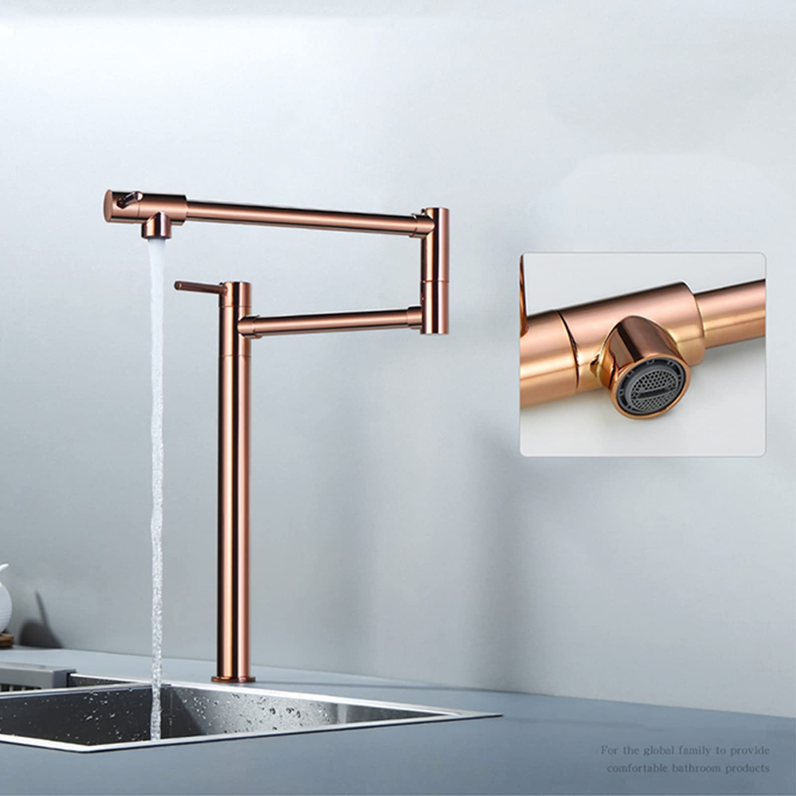Rose Gold Wall Mounted Pot Filler Faucet - Brass Folding Stretchable Kitchen Sink Faucet with Double Joint Swing Arm & 2 Handles | Perfect for Filling Large Pots, Pasta Cookers & Stockpots in Modern Kitchens