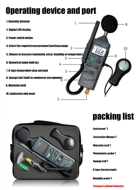 DT-8820 Digital Multifunction Environmental Meter - Sound Level Decibel Meter, Light Lux Meter, Humidity & Temperature Tester for Home, Office, Industrial Use