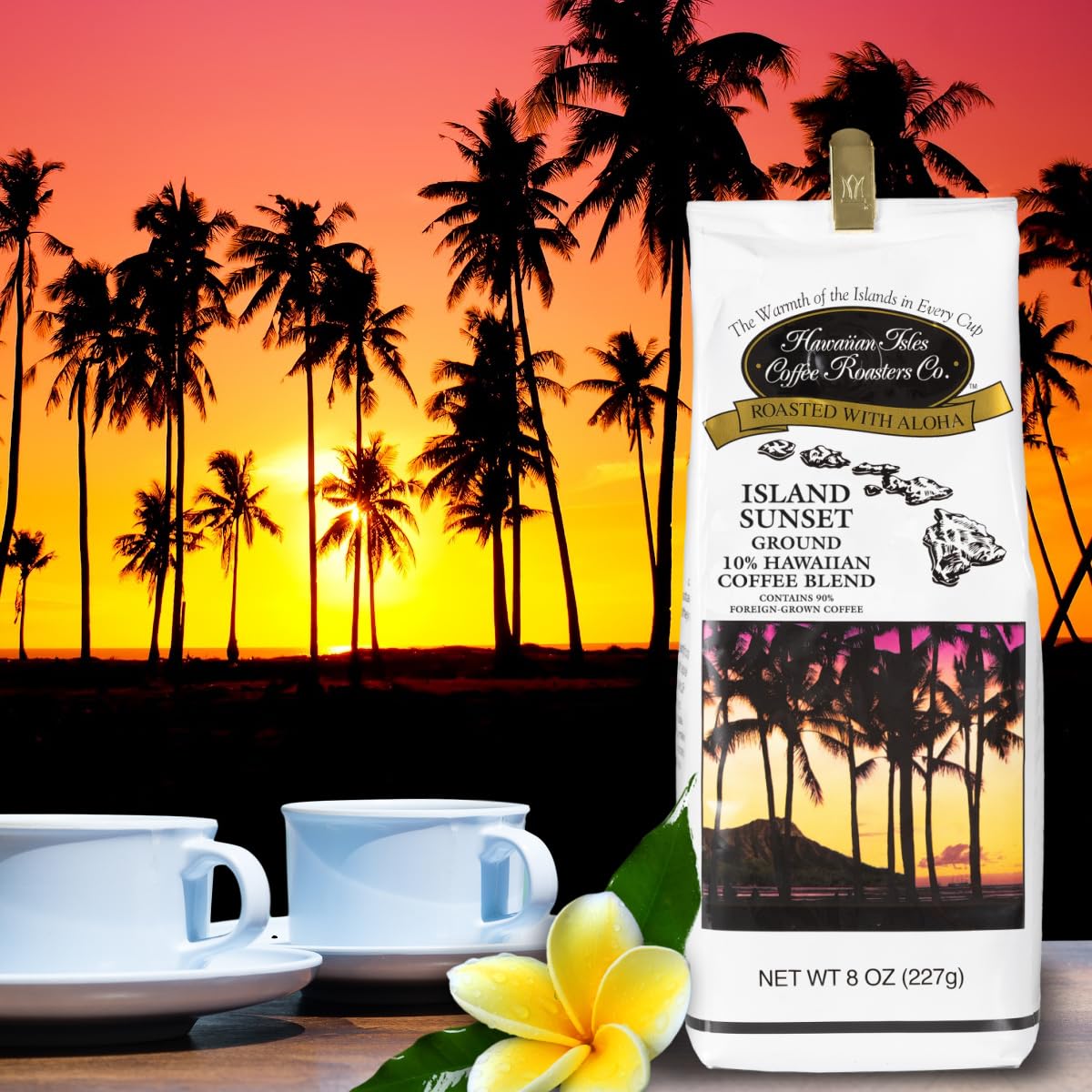 Hawaiian Isles Coffee Island Sunset Dark Roast Ground Coffee - 10% Hawaiian Coffee Blend, Roasted with Aloha - 8 Ounce Bag for Home Brewing & Gifts
