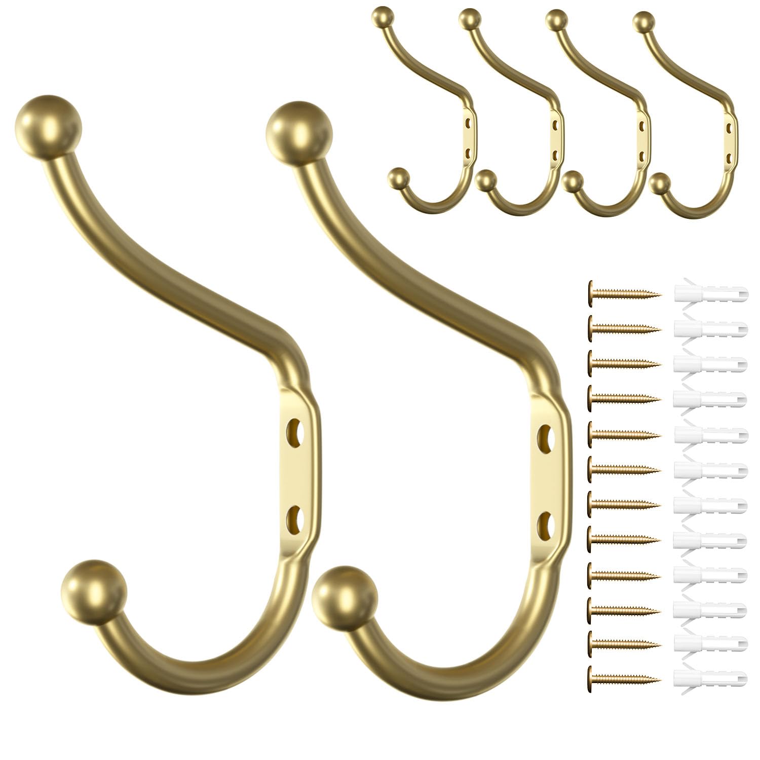 Heavy Duty Gold Wall Mount Coat Hooks 6 Pack - Durable Metal Hooks for Hanging Clothes, Towels, Hats, Keys & Coats - Perfect for Mudroom, Entryway, Bathroom & Closet Organization