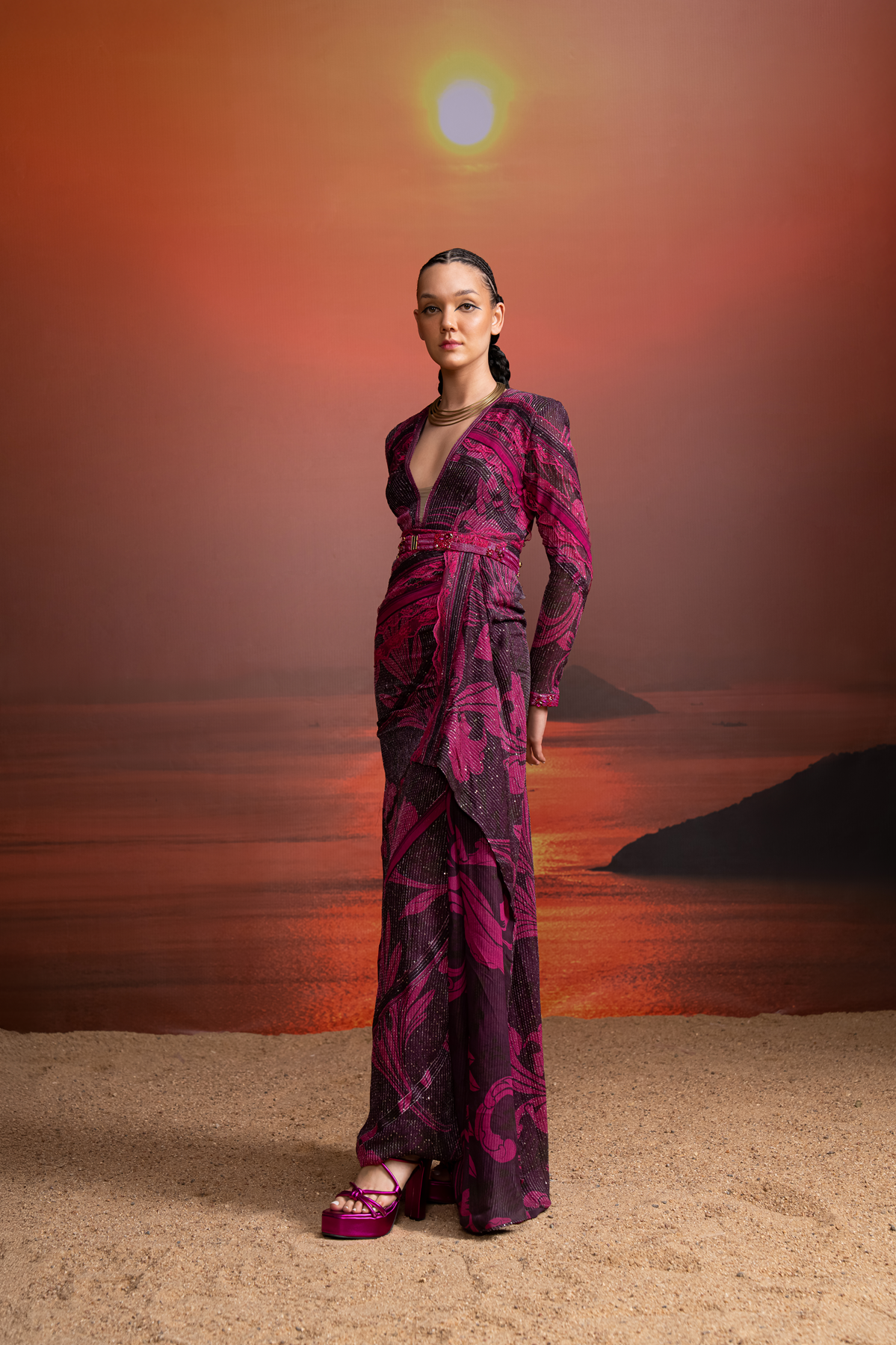 Fuchsia Swirl Printed Chantilly Lace Detailed Draped Dress for Women - Elegant Evening Gown for Parties, Weddings & Special Occasions