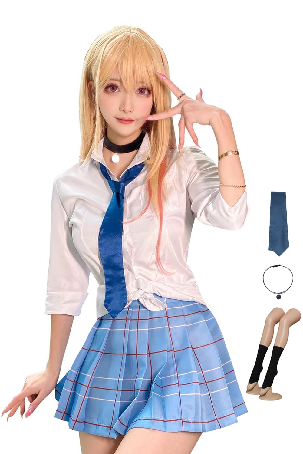 Japanese School Girl Uniform Costume for Women - Pleated Skirt with Stockings & Necktie - Anime Cosplay Outfit - Perfect for Halloween, Cosplay Events and Themed Parties