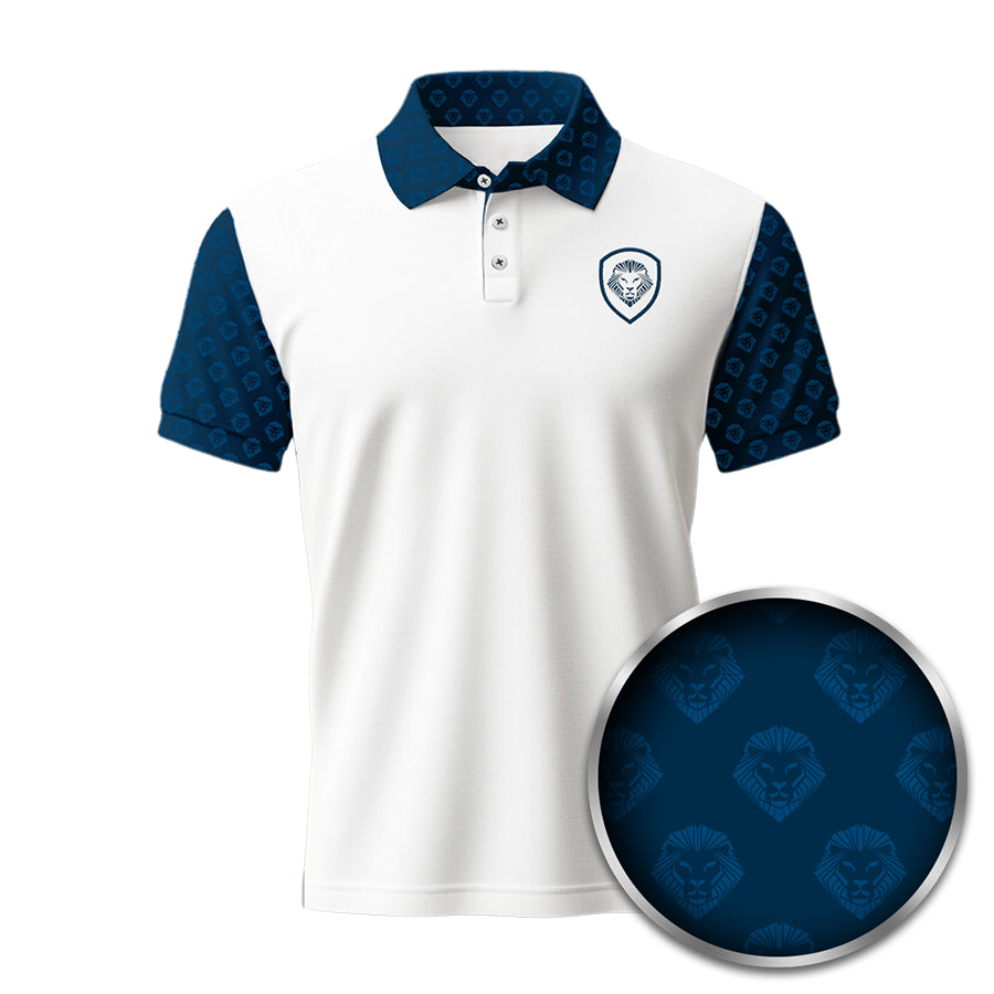 Lion Shield Men's White & Blue Short Sleeve Polo Shirt - Classic Fit Cotton Knit Golf Shirt for Casual Wear & Business Casual Outfits