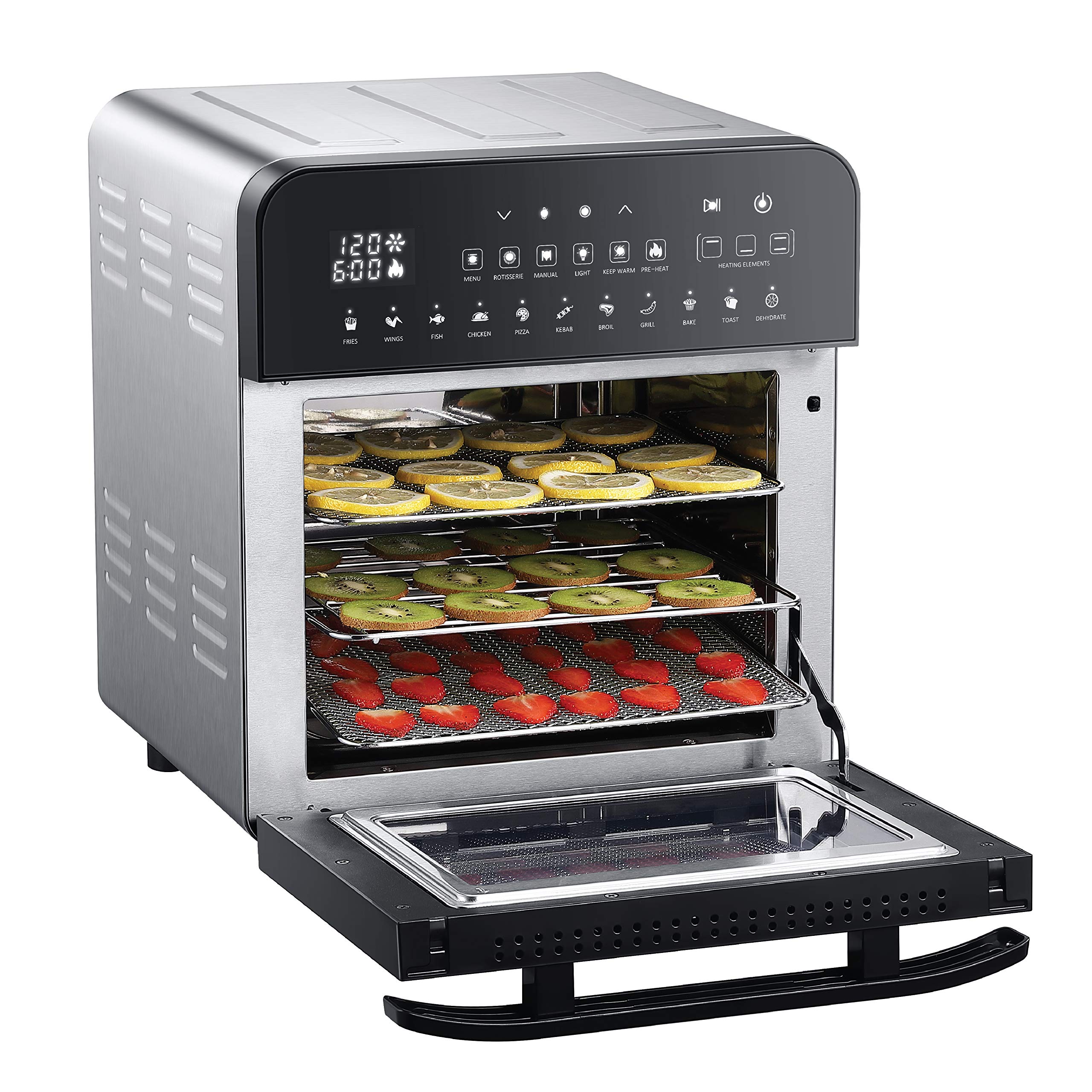 GoWISE USA 14.7-Quart Air Fryer Grill with Dual Heating Elements - 11-in-1 Oven with Rotisserie, Dehydrator, Preheat & Broil Functions - Includes 11 Accessories & 2 Recipe Books (Stainless Steel/Black) - Perfect for Healthy Cooking, Family Meals & Party Snacks