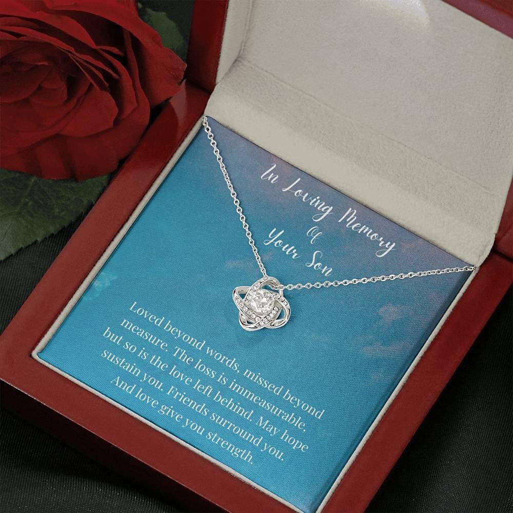 Handmade Love Knot Necklace - Personalized Memorial Gift for Son - White & Gold - Custom Sizes for Comfort & Remembrance